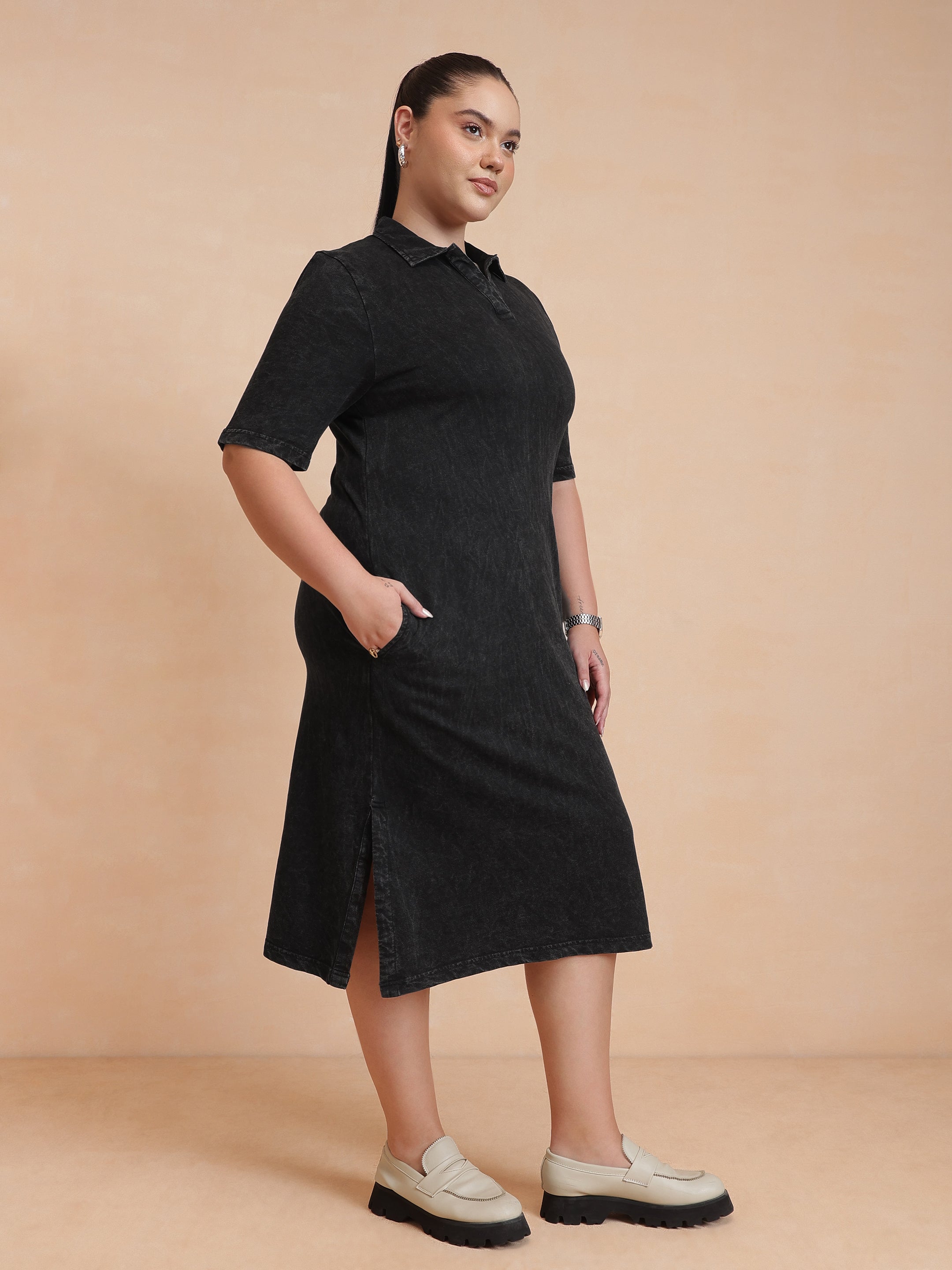 Women Black Overdyed Polo Neck Side Slit Midi Dress