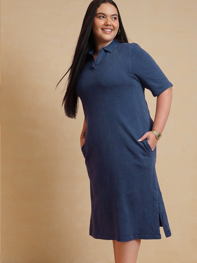 Women Navy Overdyed Polo Neck Side Slit Midi Dress