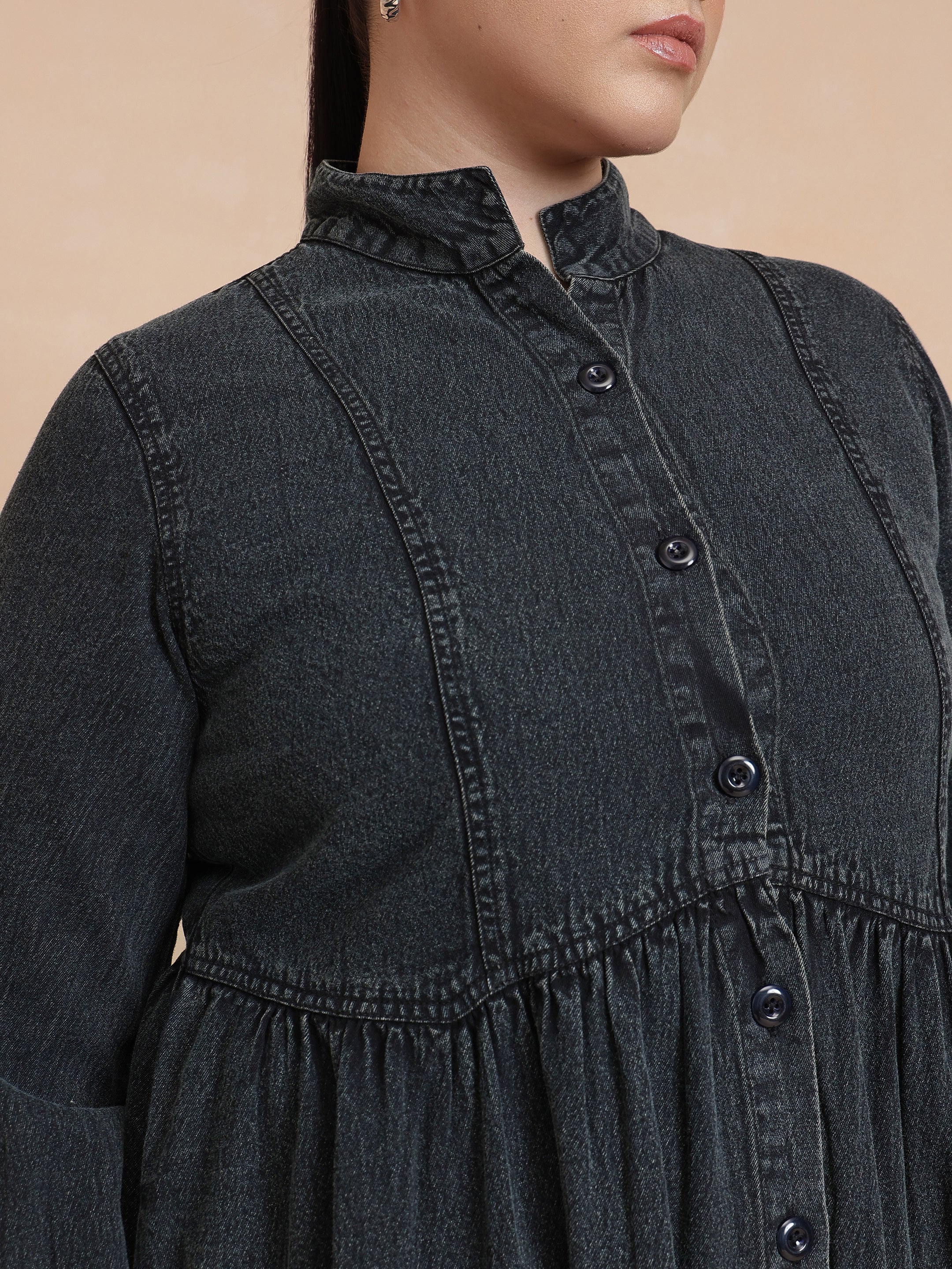 Women Black Wash Denim Button Down Midi Dress