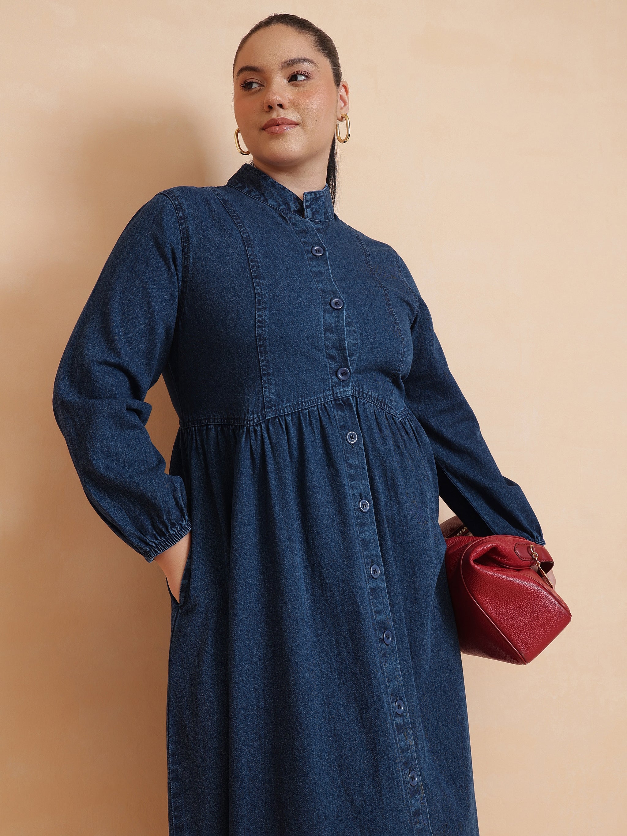 Women Navy Wash Denim Button Down Midi Dress