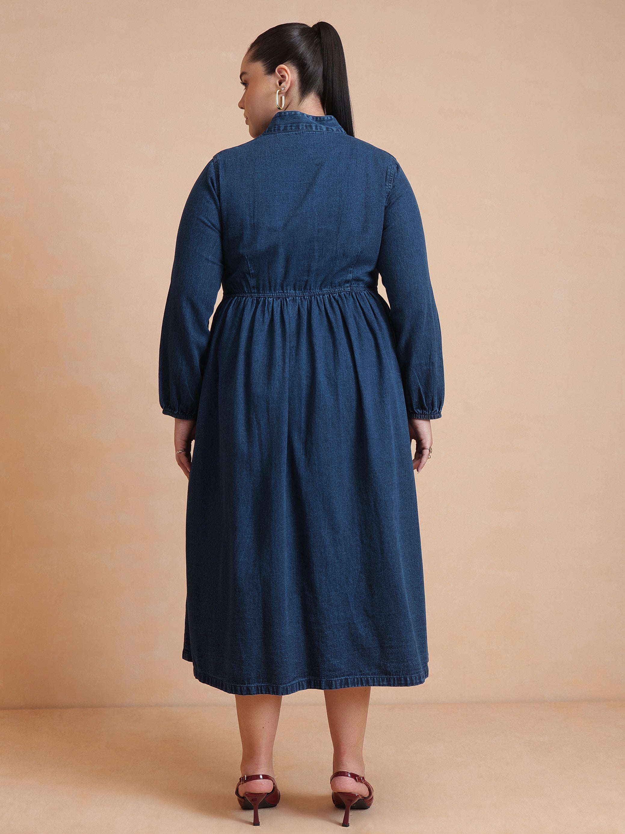 Women Navy Wash Denim Button Down Midi Dress