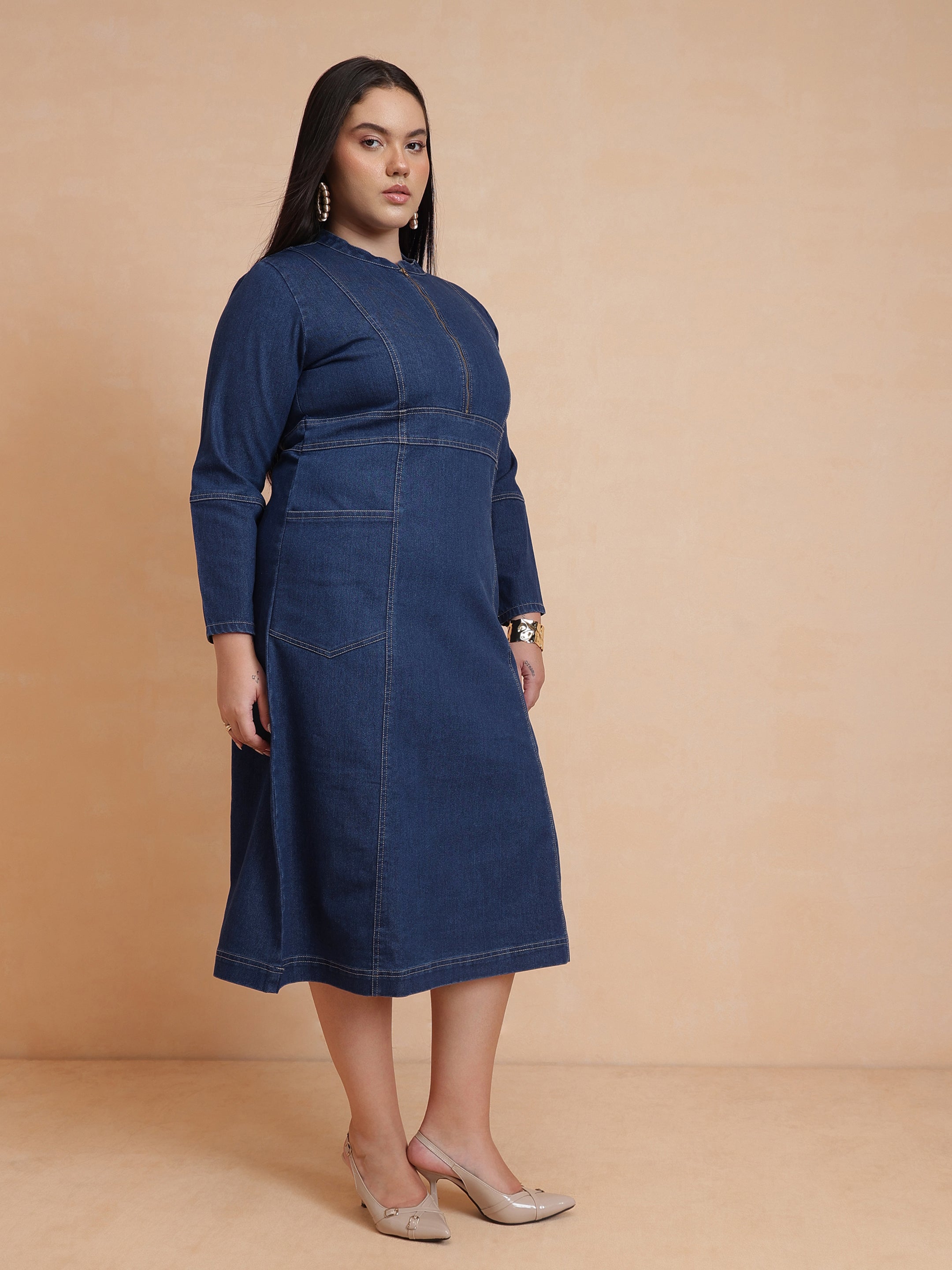Women Navy Denim Front Zipper Midi Dress
