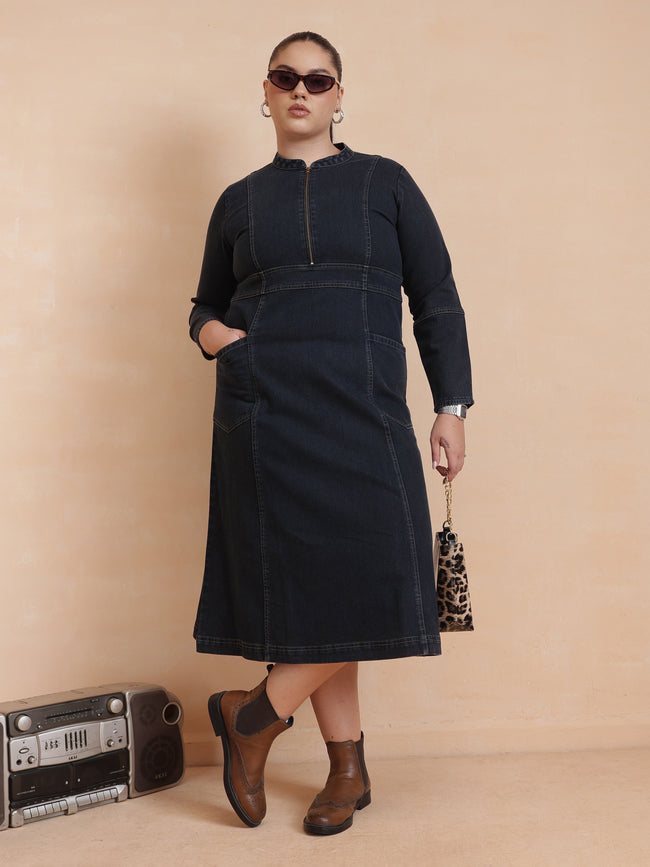 Women Black Wash Denim Front Zipper Midi Dress