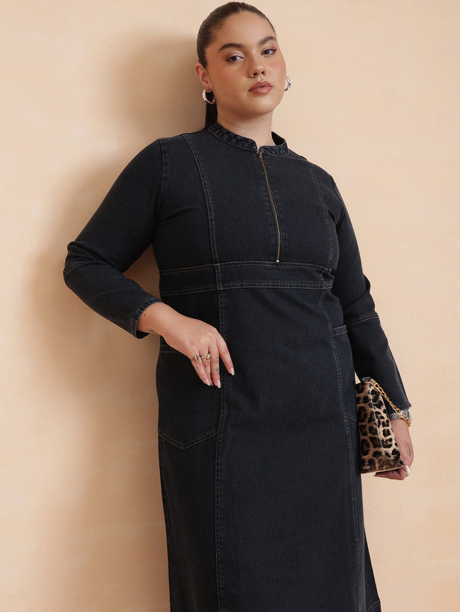 Women Black Wash Denim Front Zipper Midi Dress