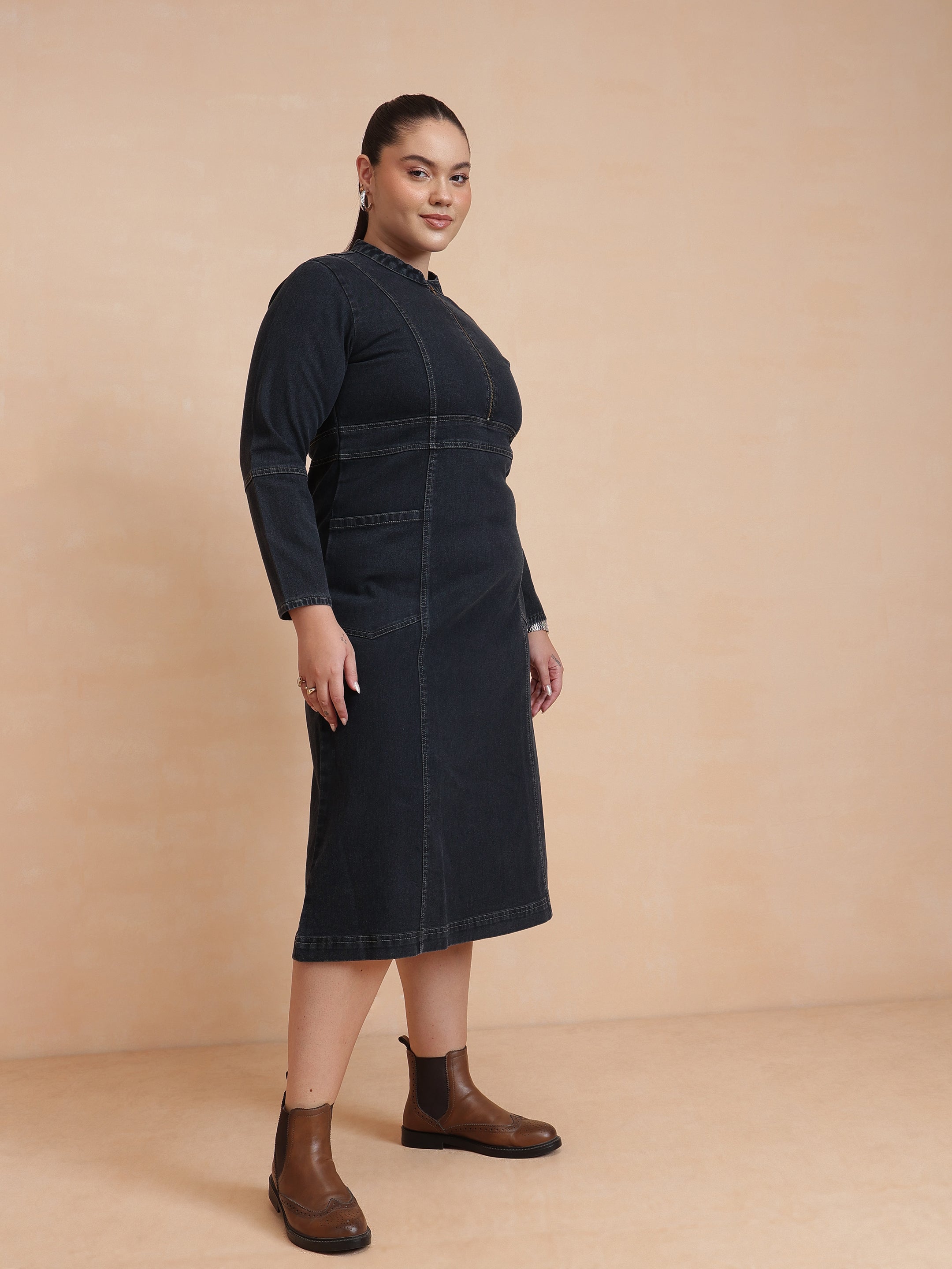 Women Black Wash Denim Front Zipper Midi Dress
