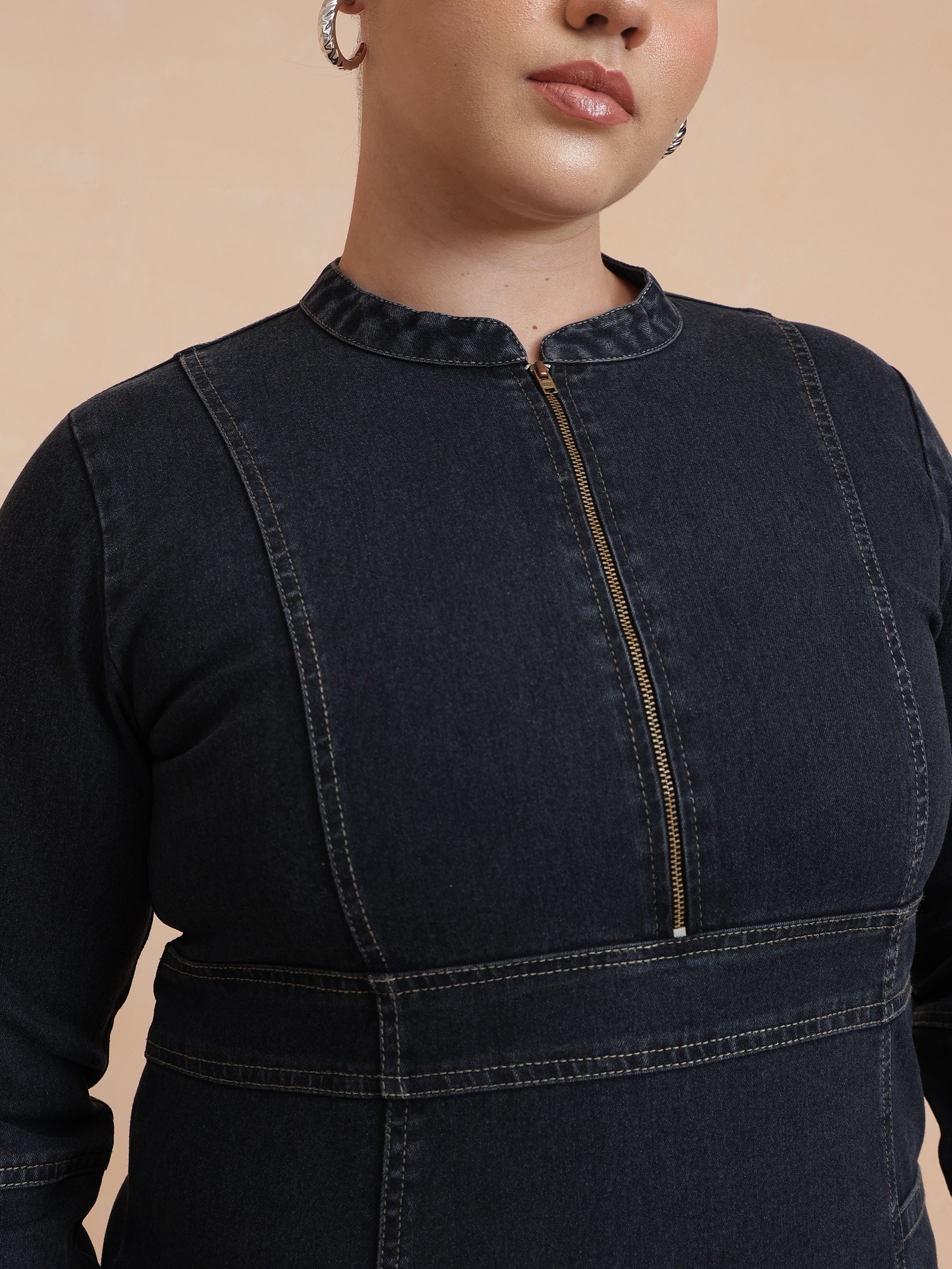 Women Black Wash Denim Front Zipper Midi Dress