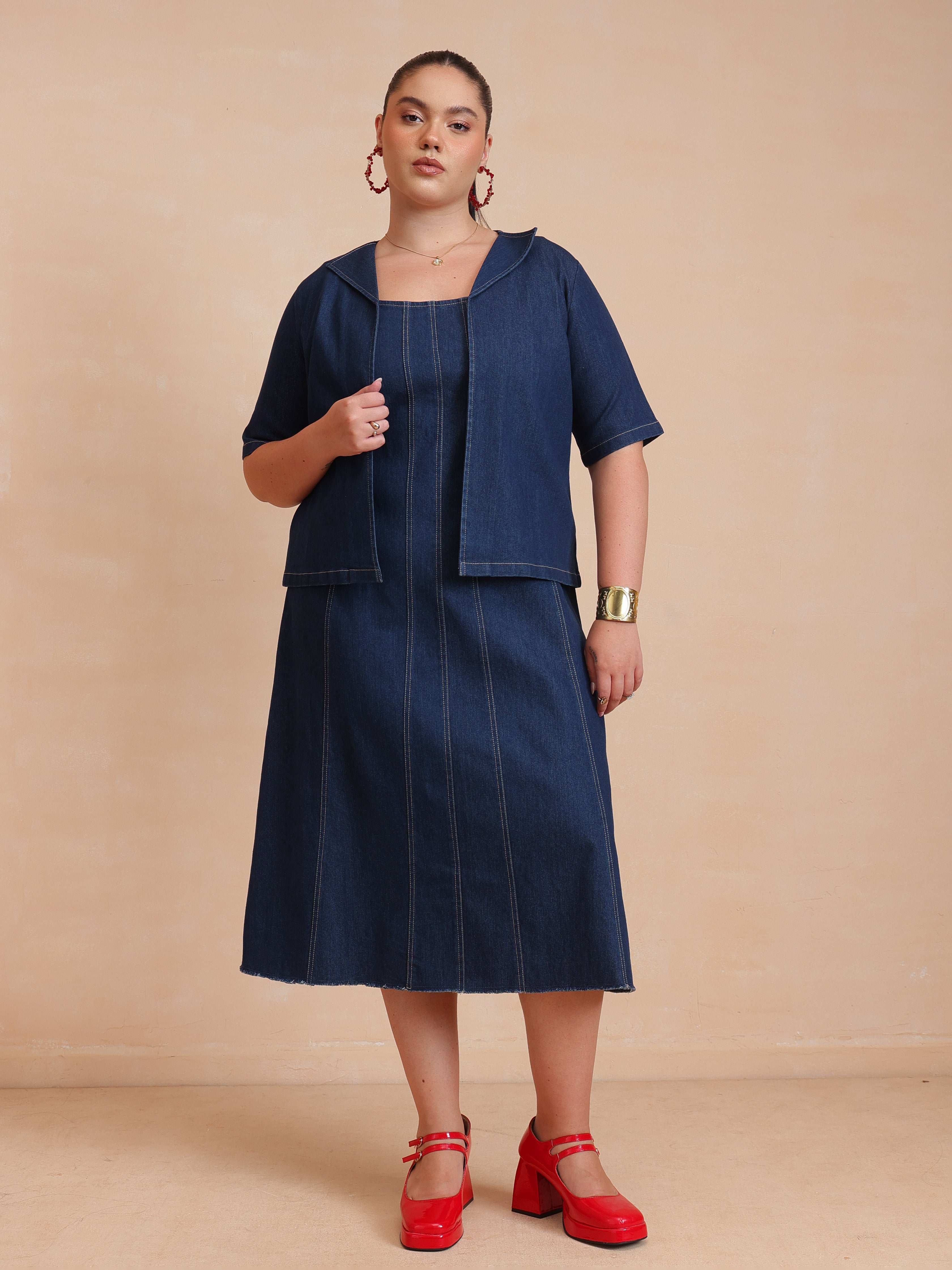 Women Navy Denim Strappy Dress With Shrug