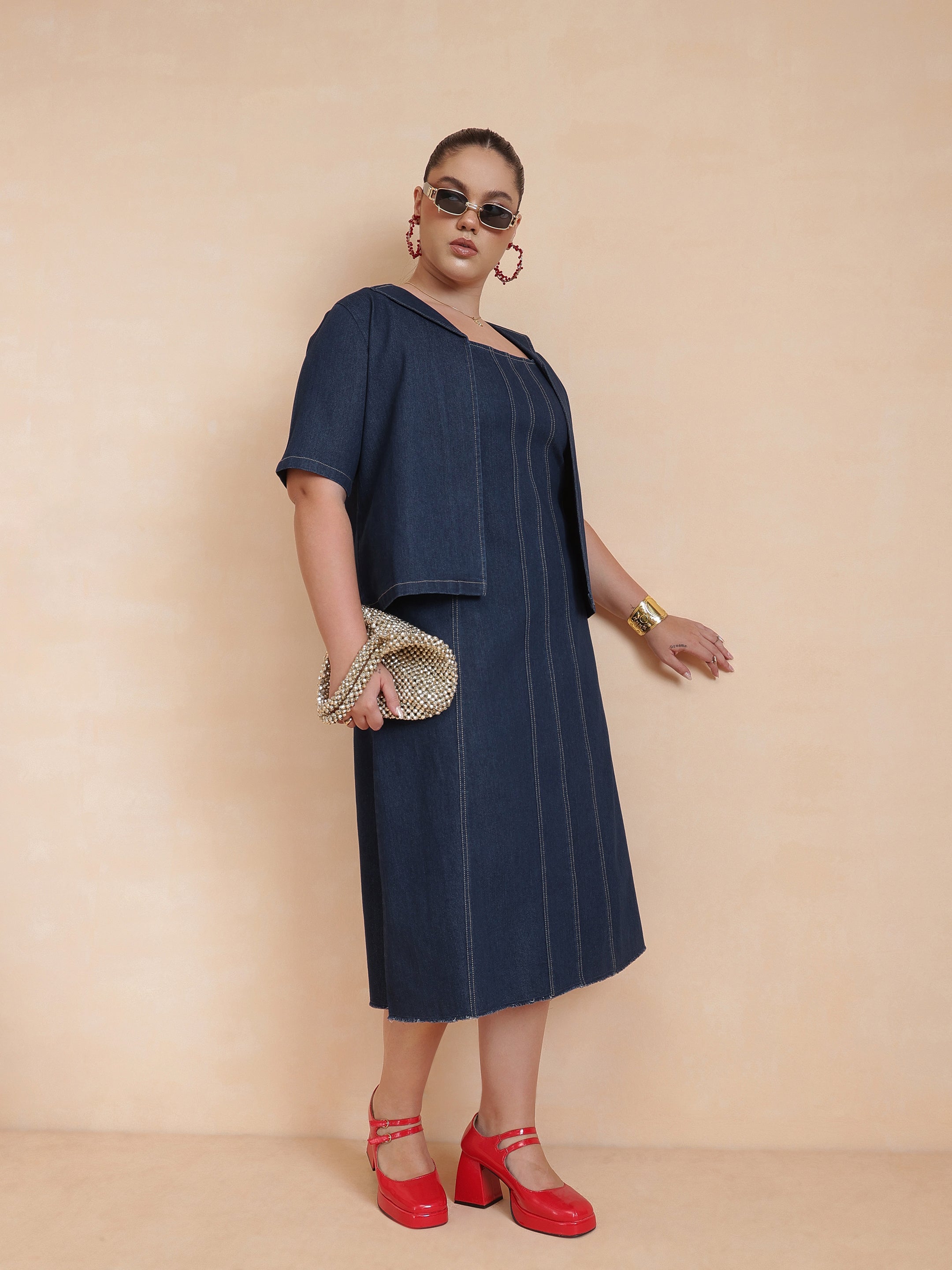 Women Navy Denim Strappy Dress With Shrug