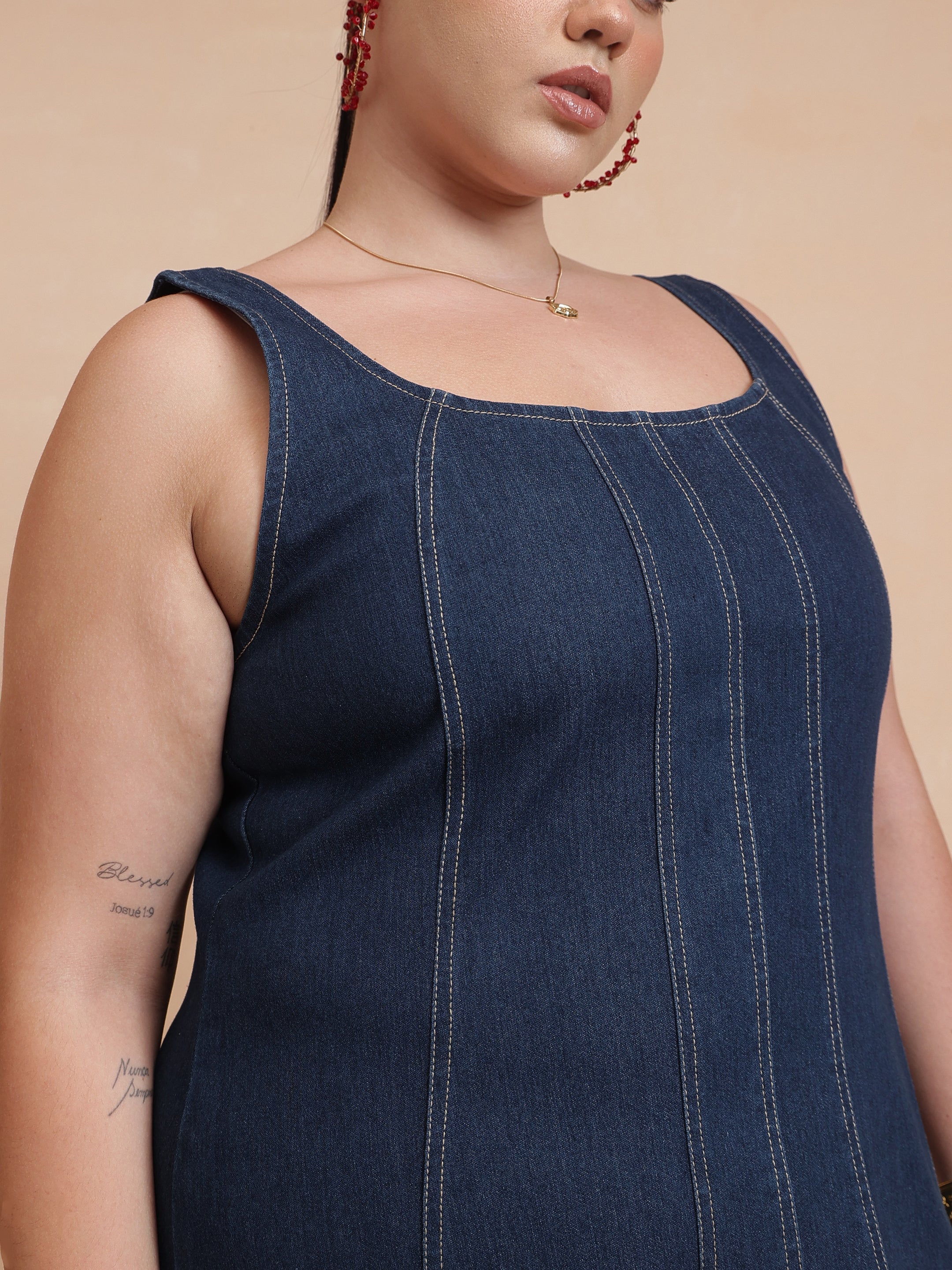 Women Navy Denim Strappy Dress With Shrug