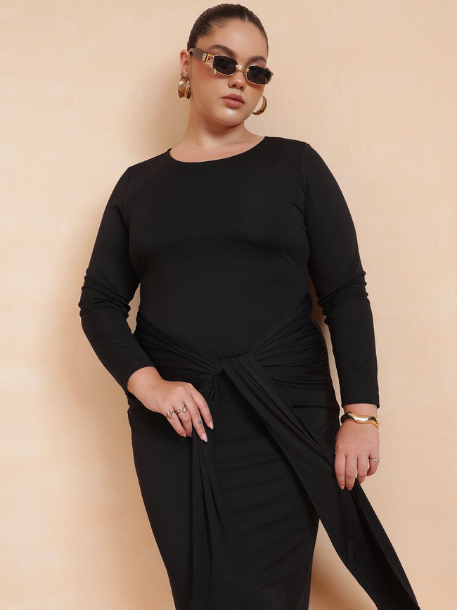 Women Black Front Tie-Knot Bodycon Midi Dress