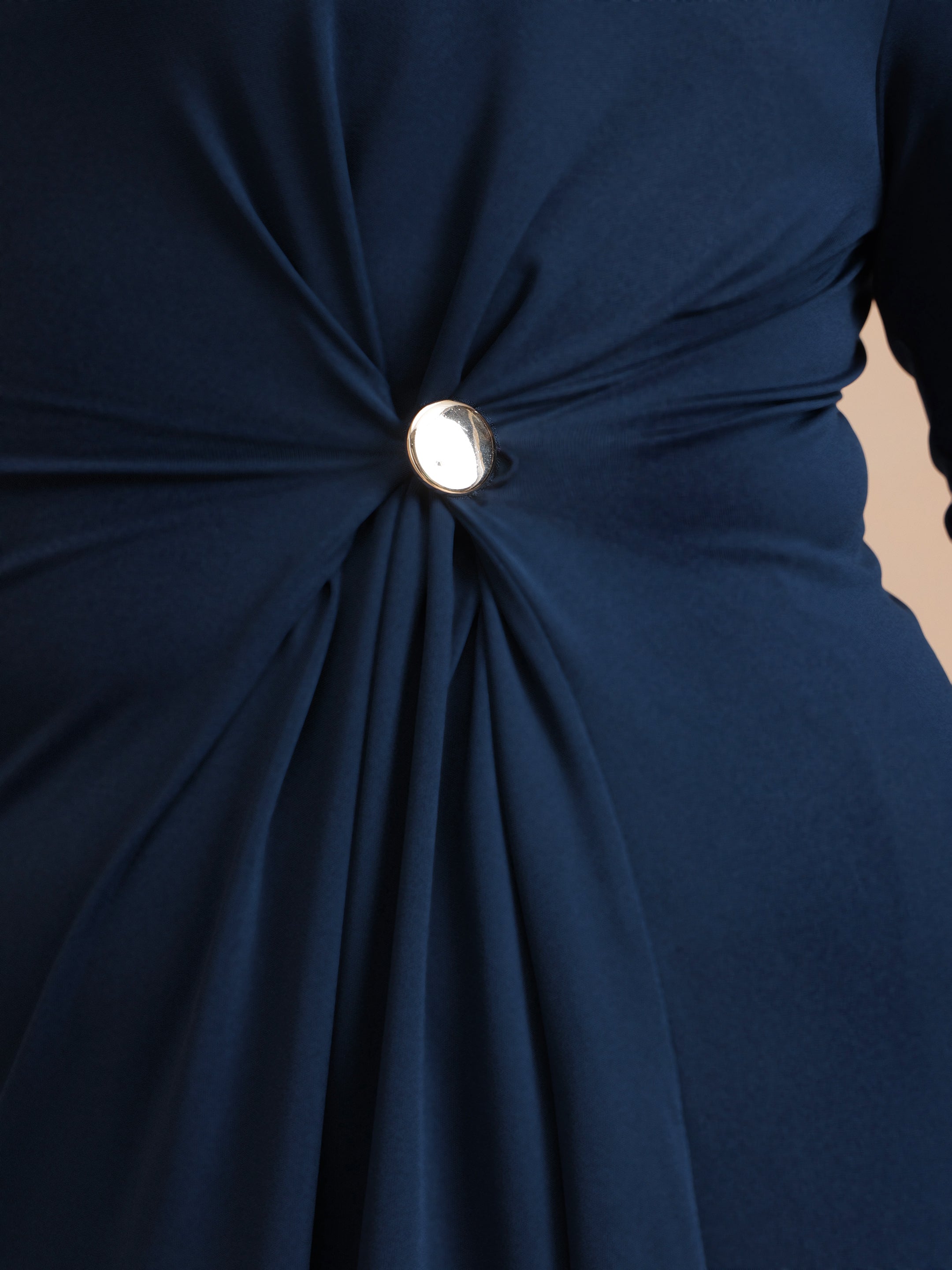 Women Navy Draped Full Sleeves Midi Dress