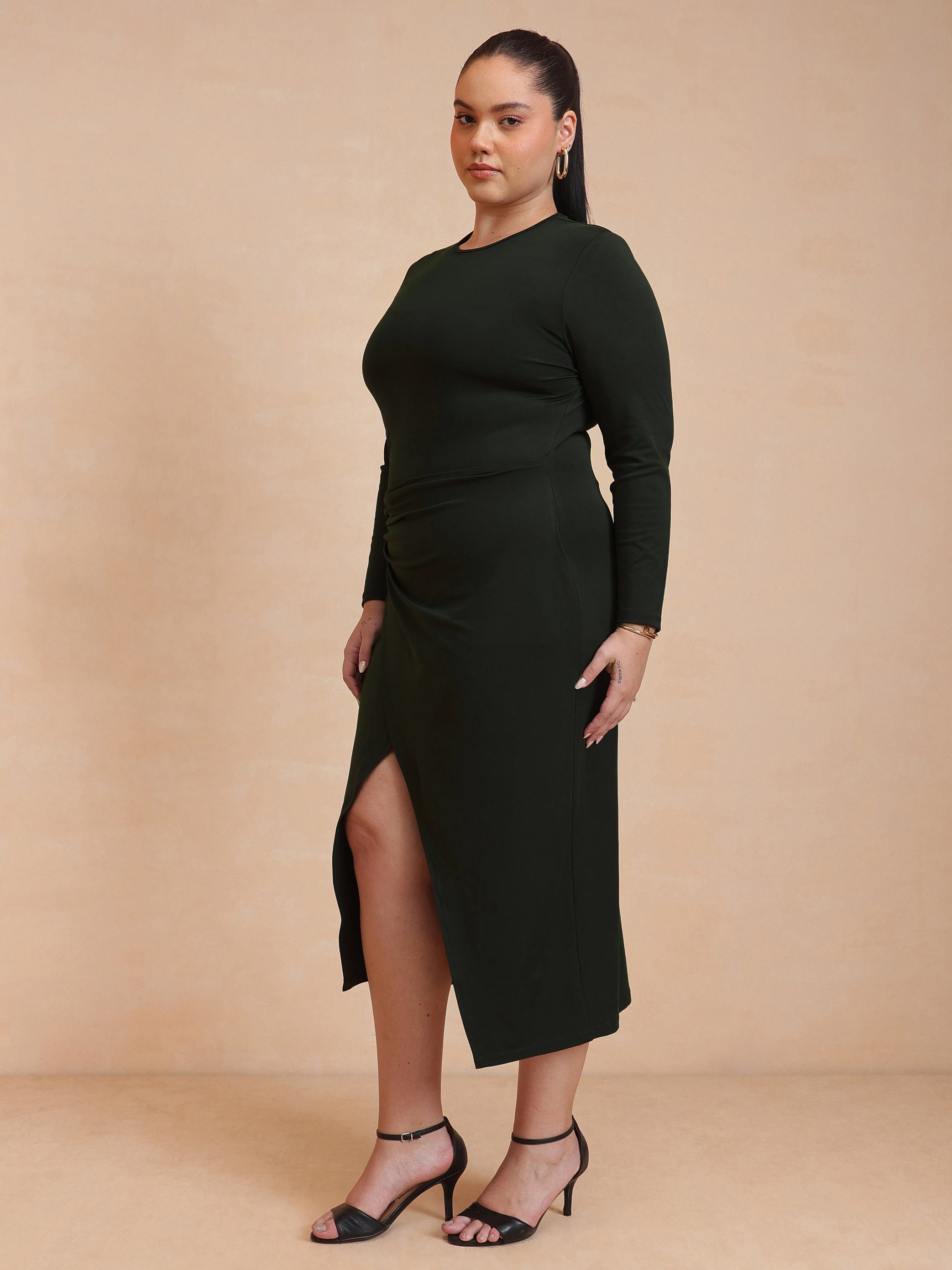 Women Olive Full Sleeves Wrap Dress
