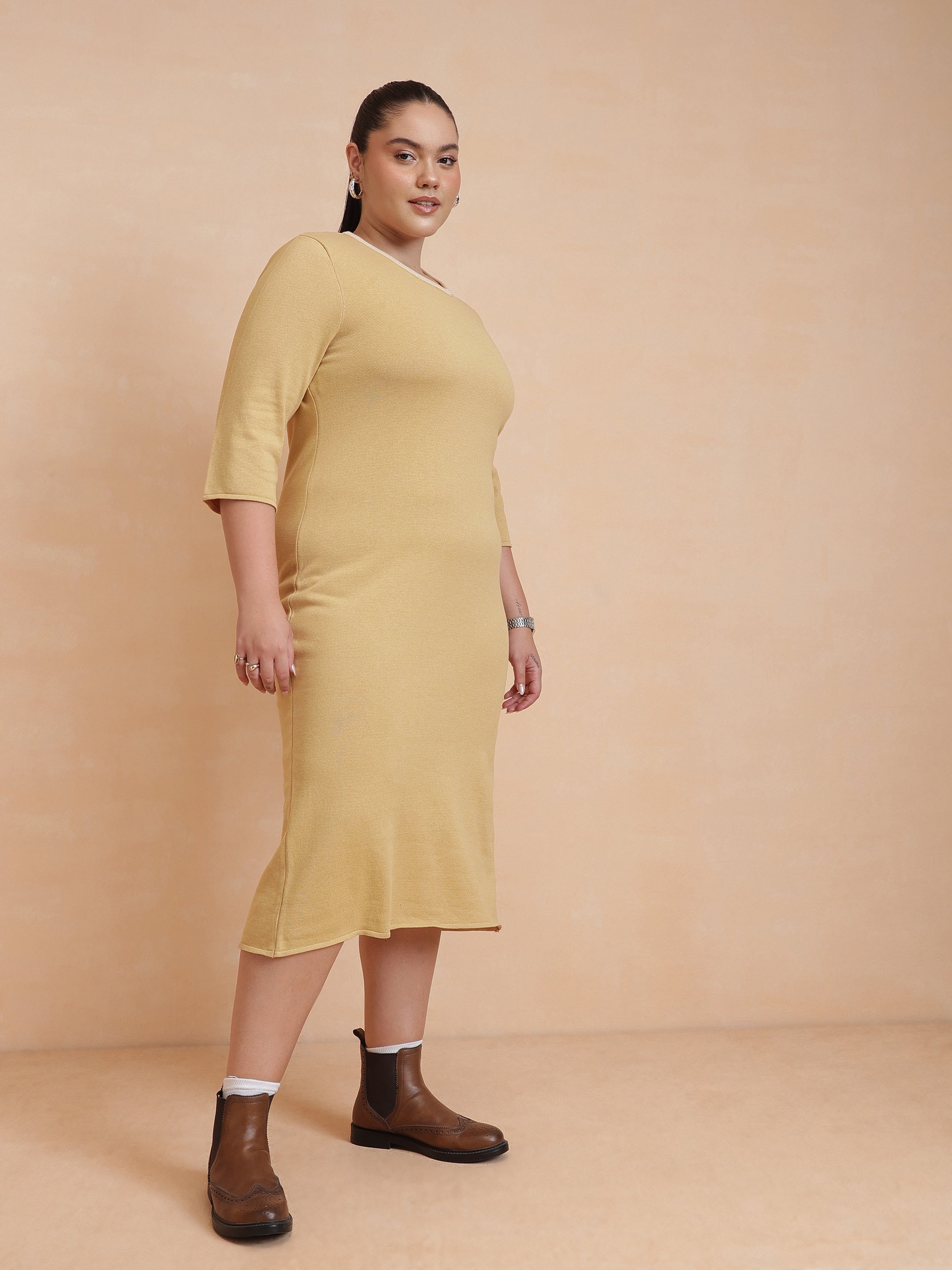 Women Beige Knit Striped-Ribbed Neck Midi Dress