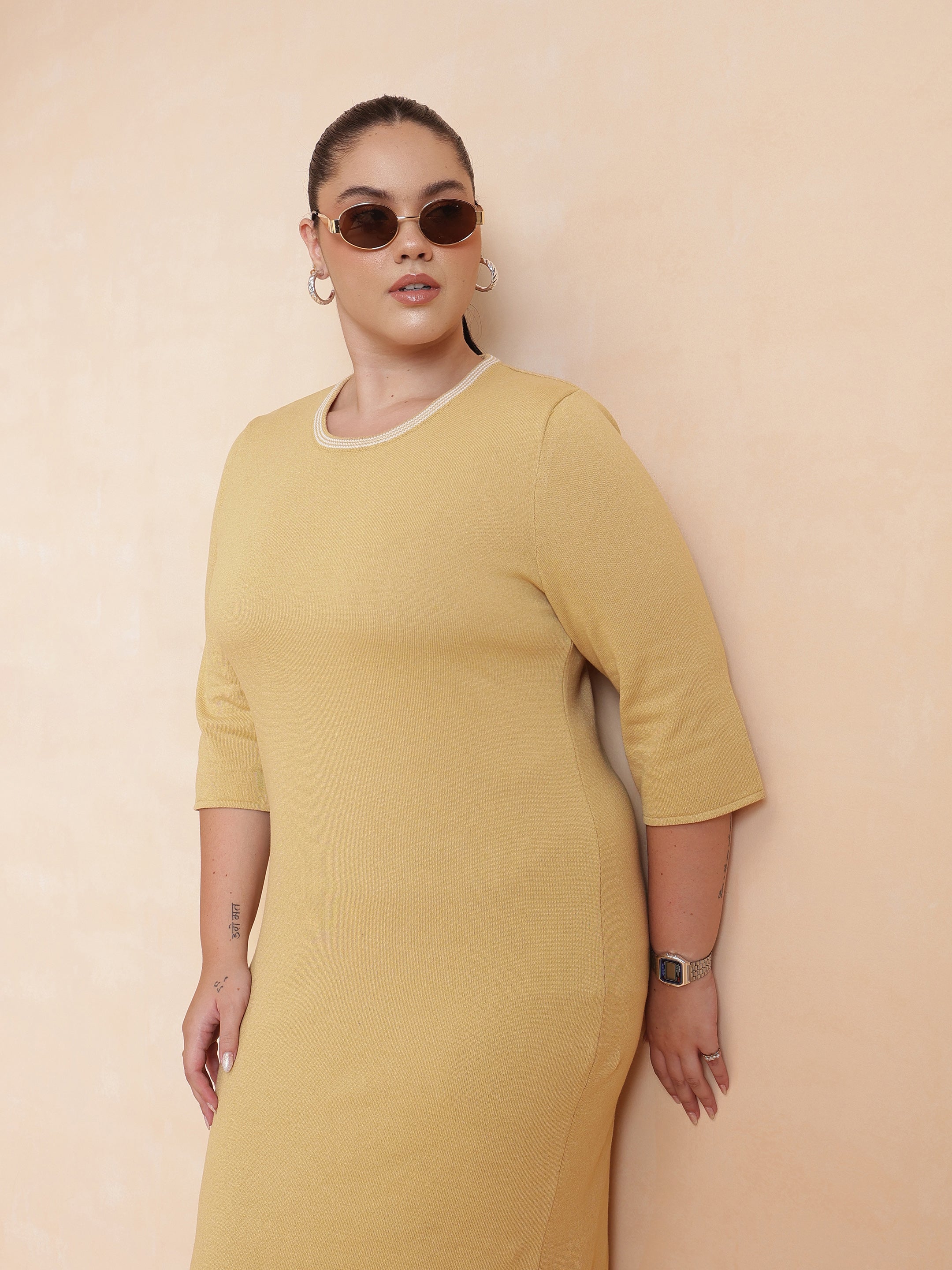 Women Beige Knit Striped-Ribbed Neck Midi Dress