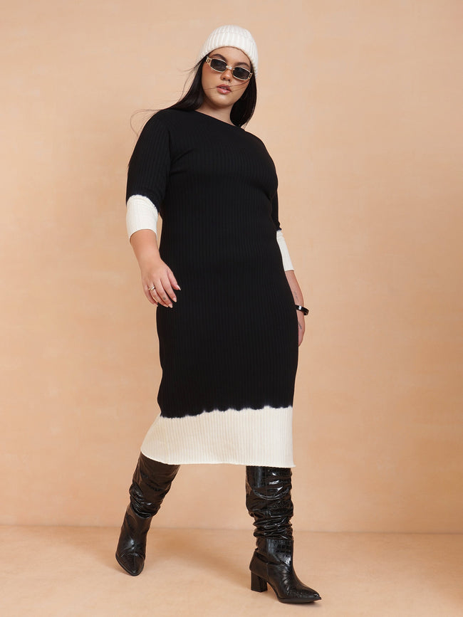 Women Black & White Knit Round Neck Midi Dress
