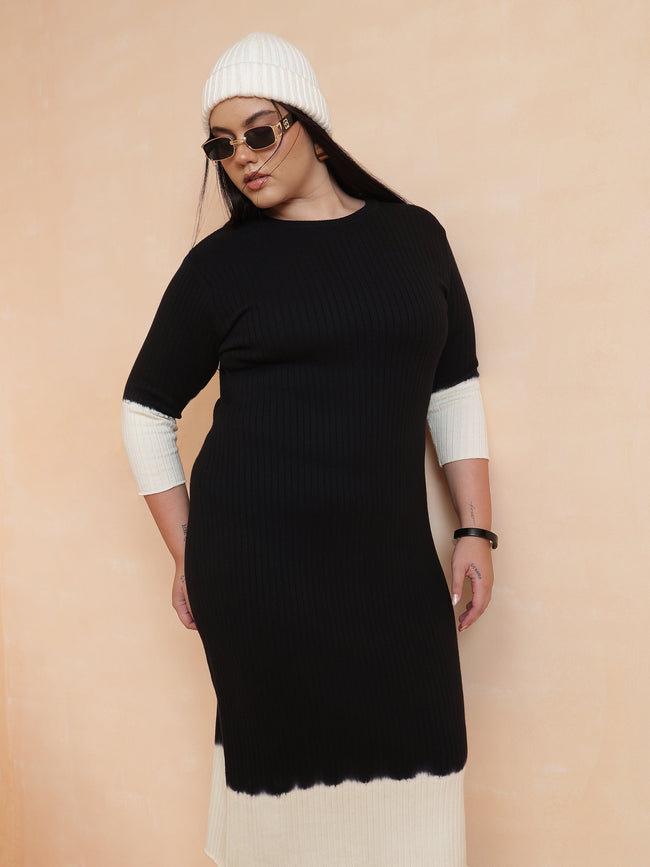 Women Black & White Knit Round Neck Midi Dress