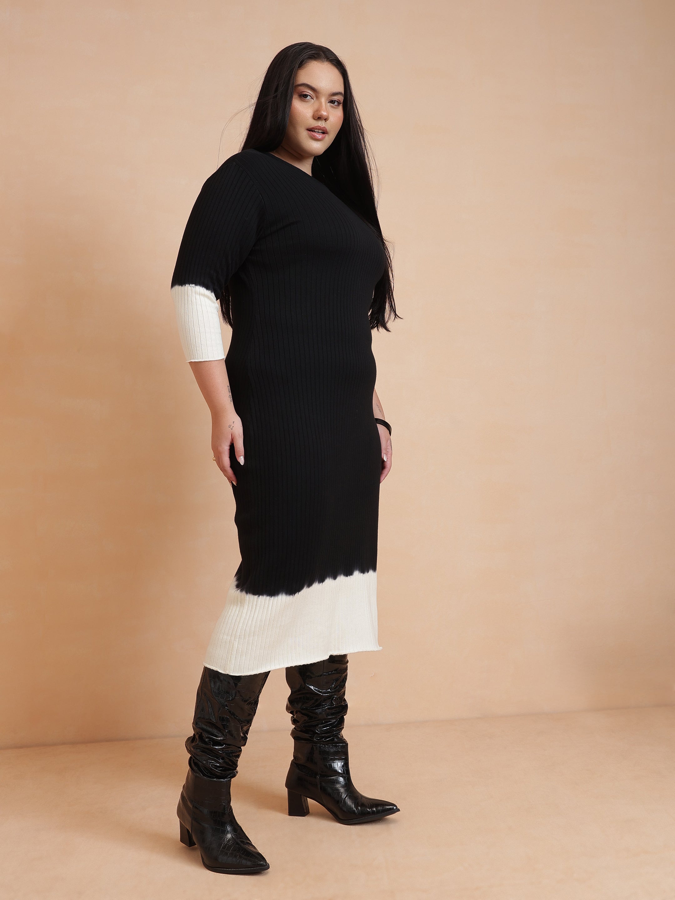 Women Black & White Knit Round Neck Midi Dress