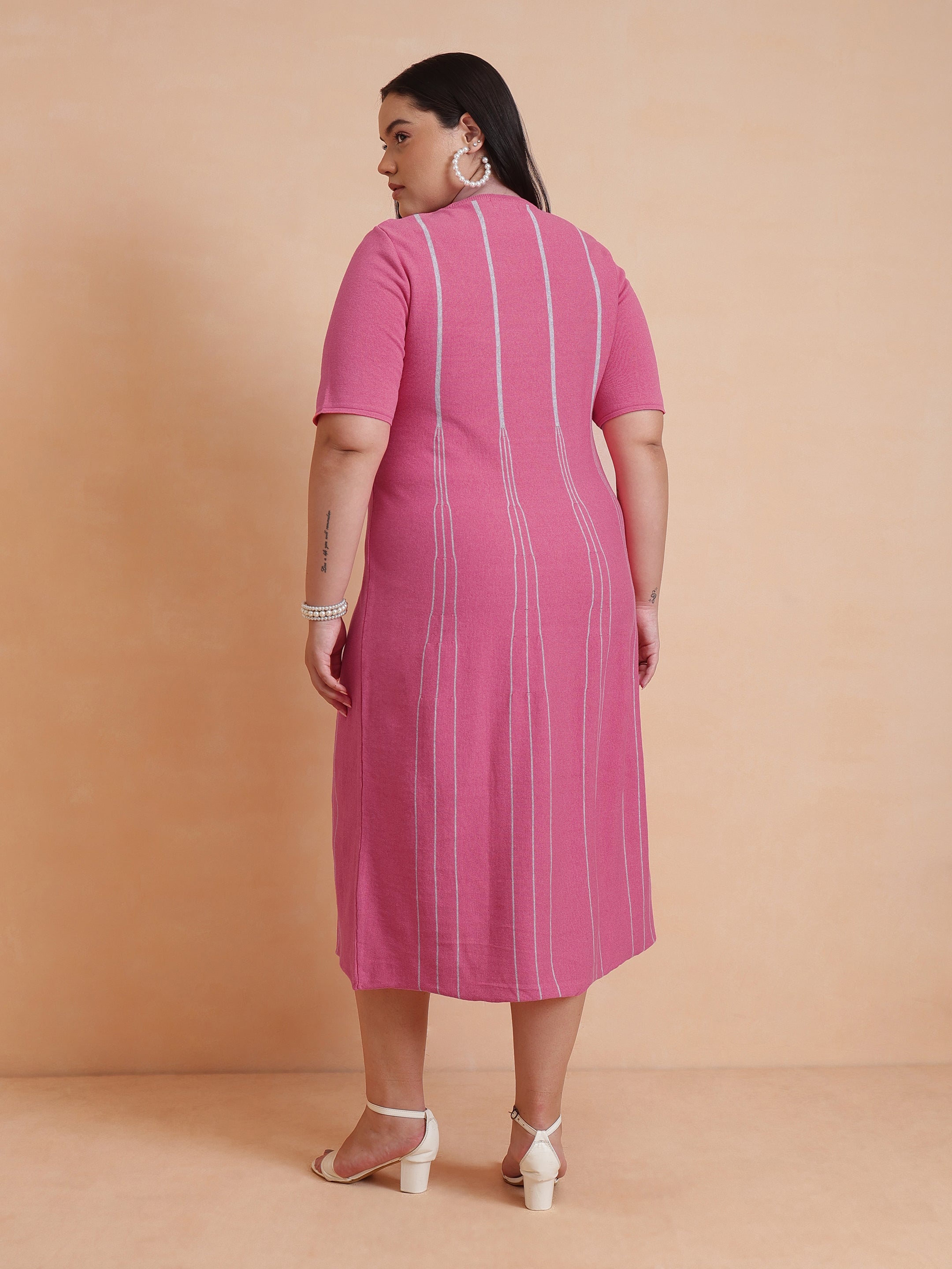 Women Pink & Grey Stripe Knit Short Sleeves Midi Dress