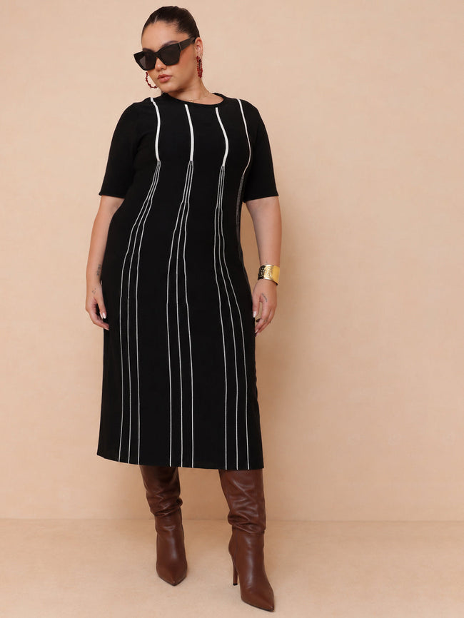 Women Black & White Stripe Knit Short Sleeves Midi Dress