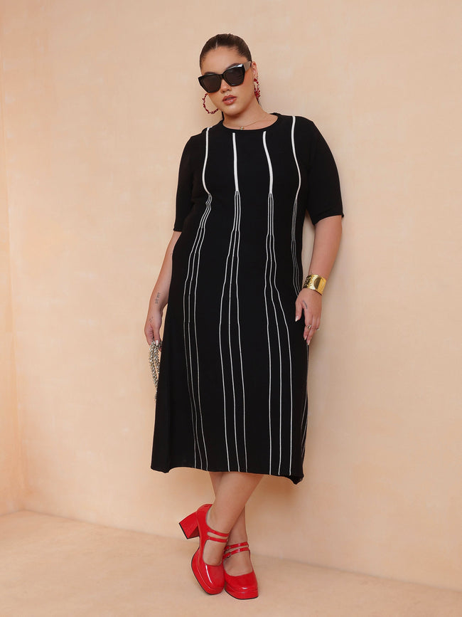 Women Black & White Stripe Knit Short Sleeves Midi Dress