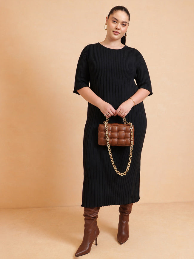 Women Black Knit A-Line Midi Dress