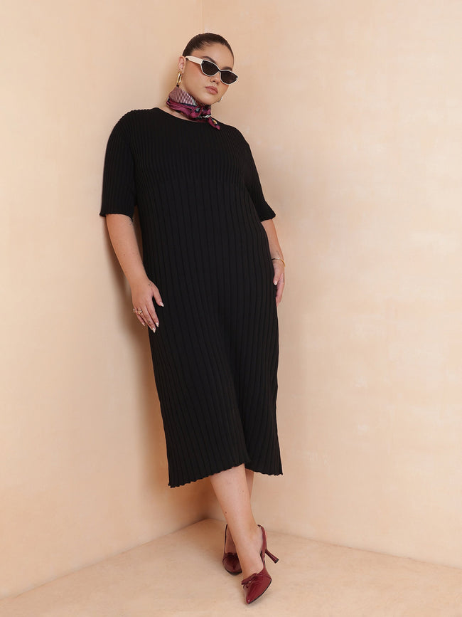 Women Black Knit A-Line Midi Dress