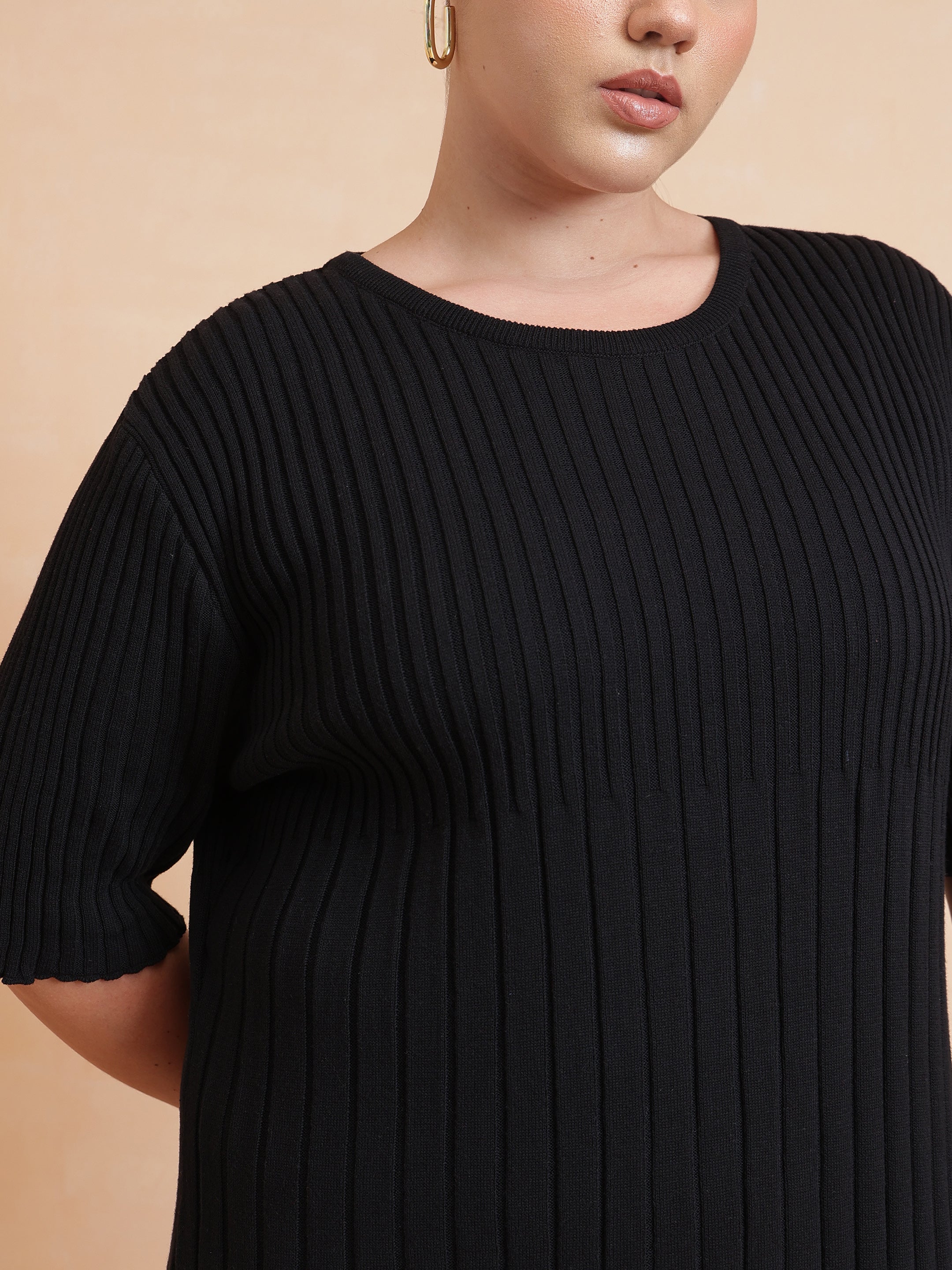 Women Black Knit A-Line Midi Dress