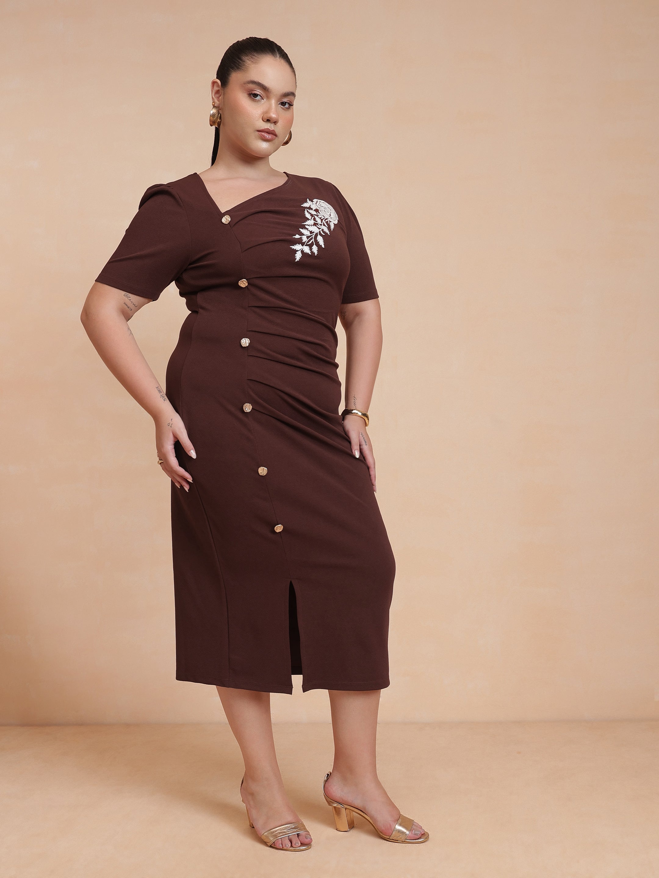 Women Brown Side Button Bodycon Dress