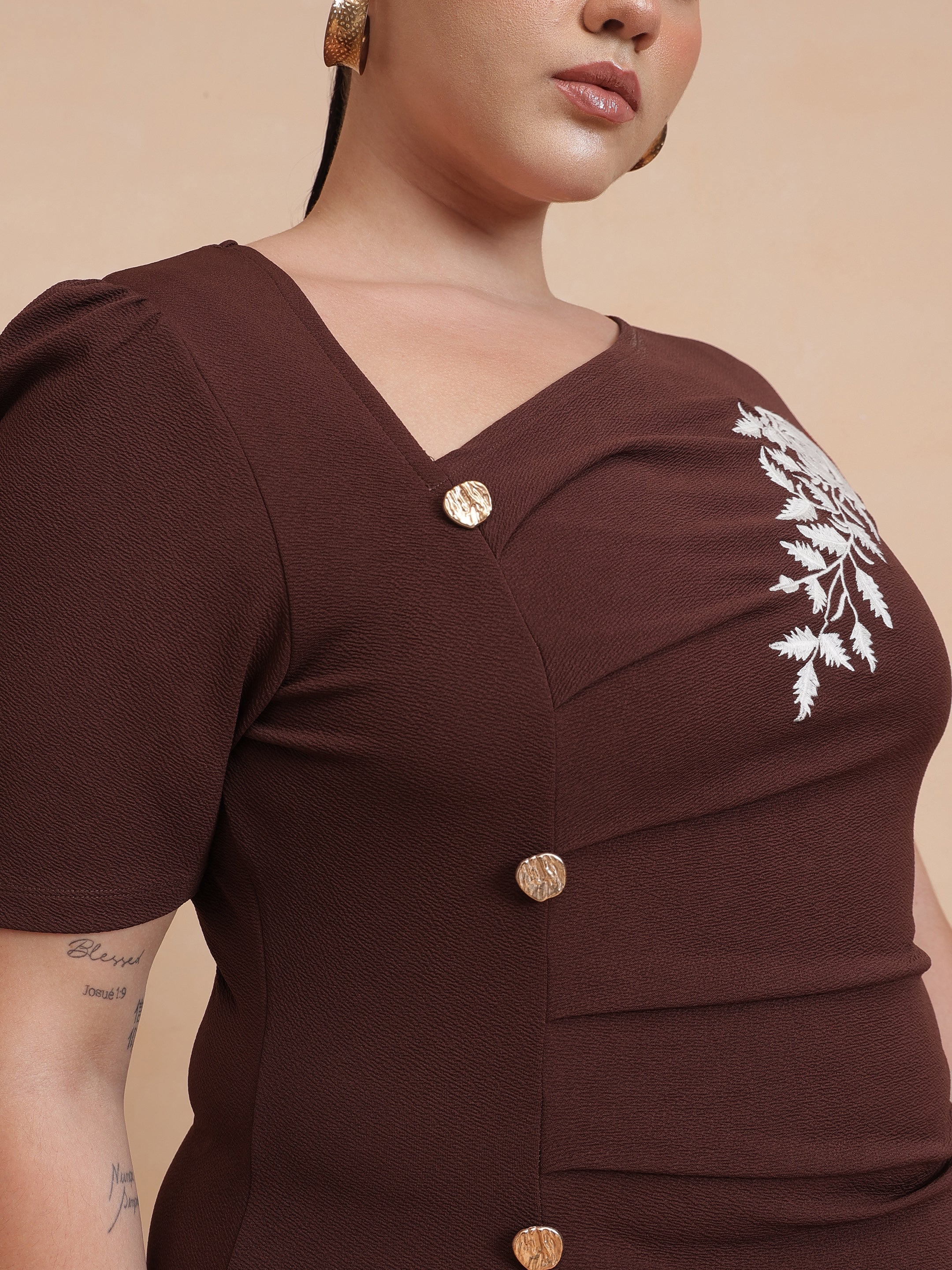 Women Brown Side Button Bodycon Dress