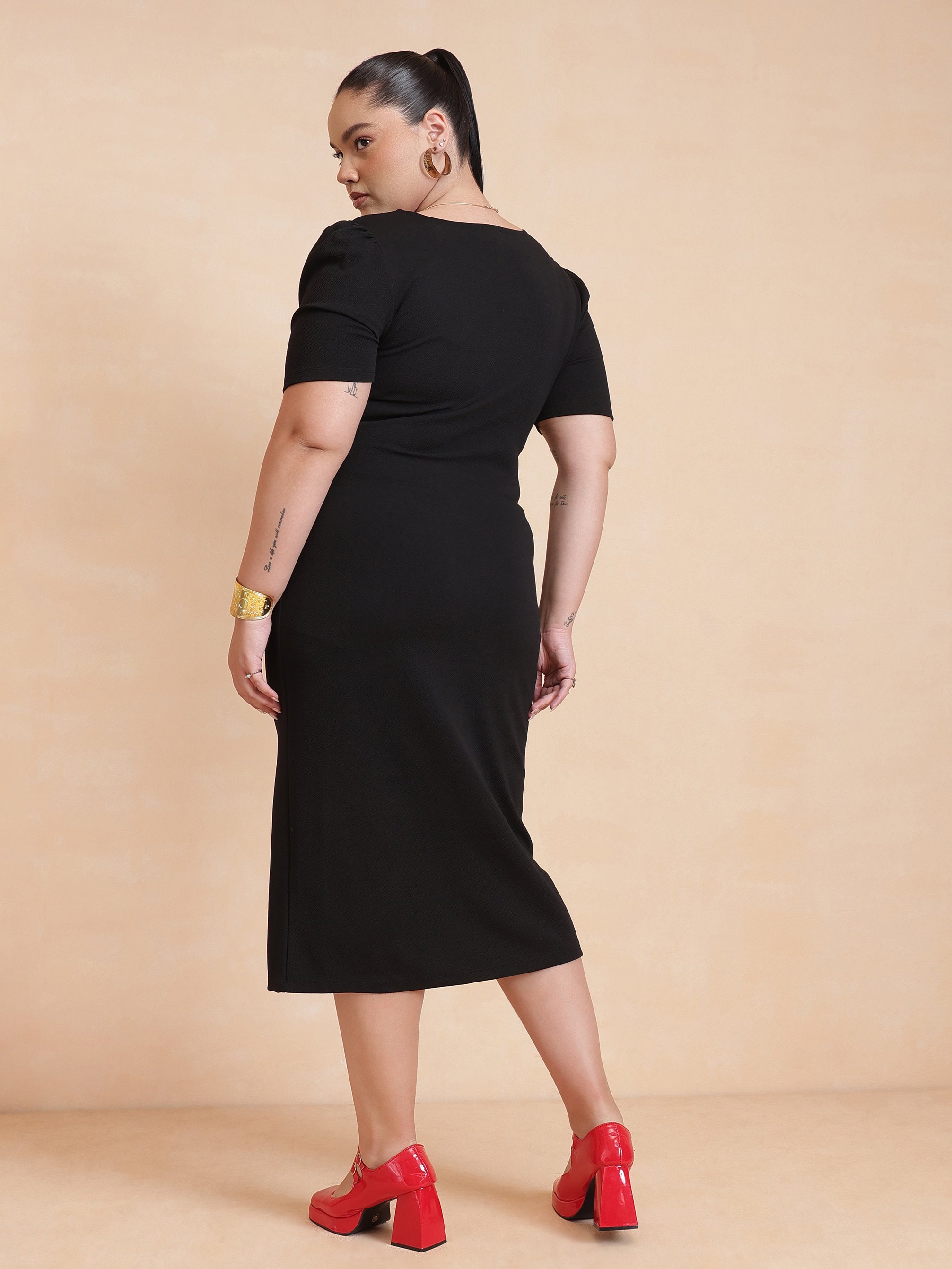 Women Black Side Button Bodycon Dress