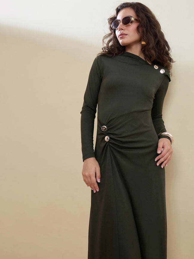 Women Olive Draped A-Line Midi Dress