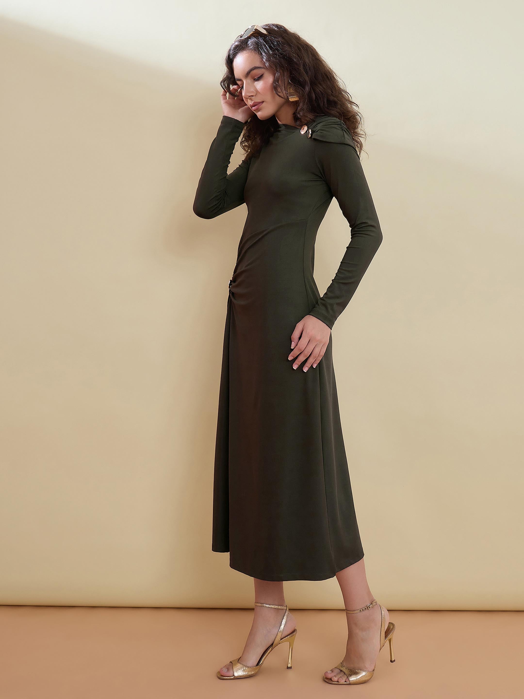 Women Olive Draped A-Line Midi Dress