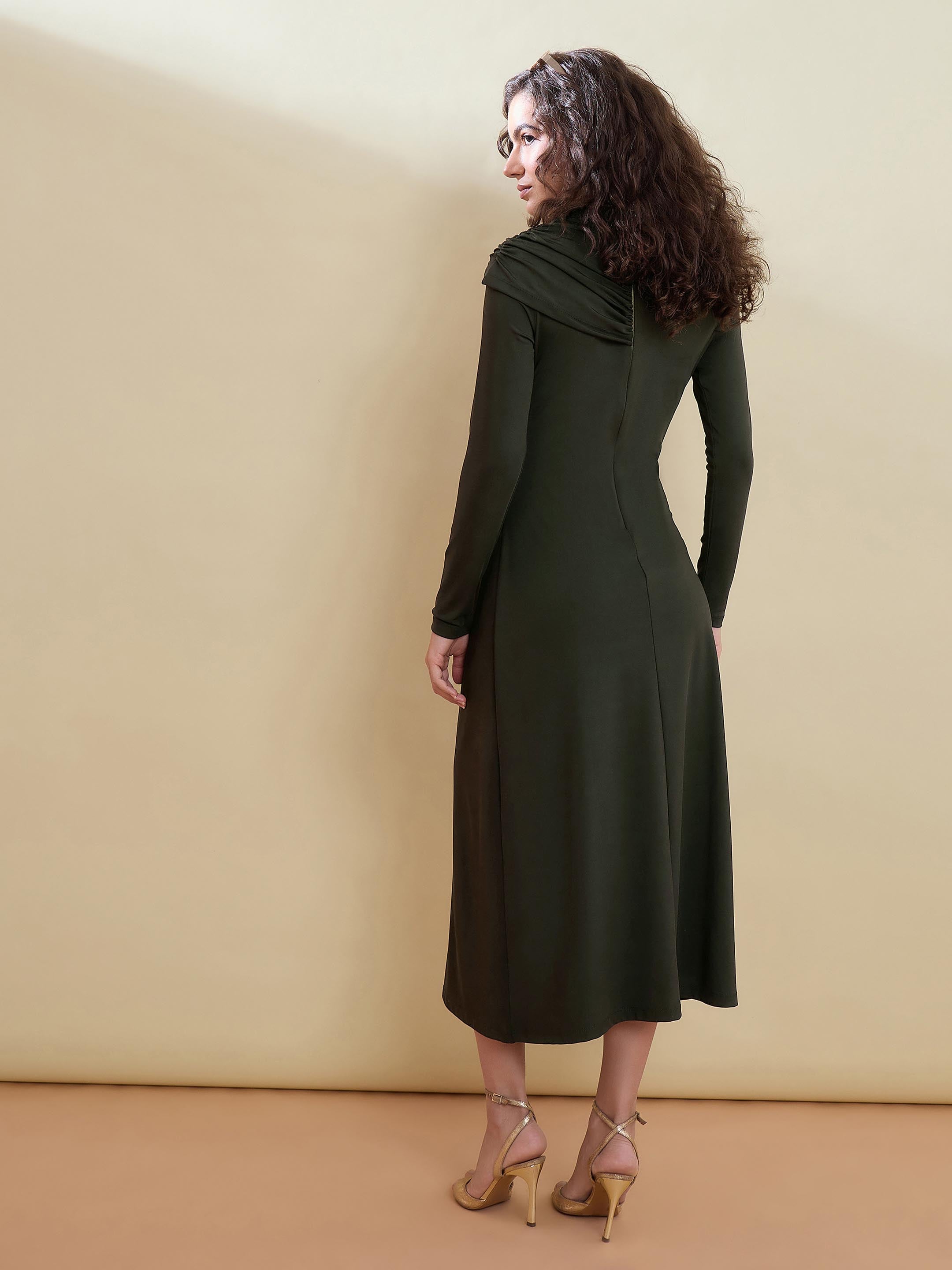 Women Olive Draped A-Line Midi Dress