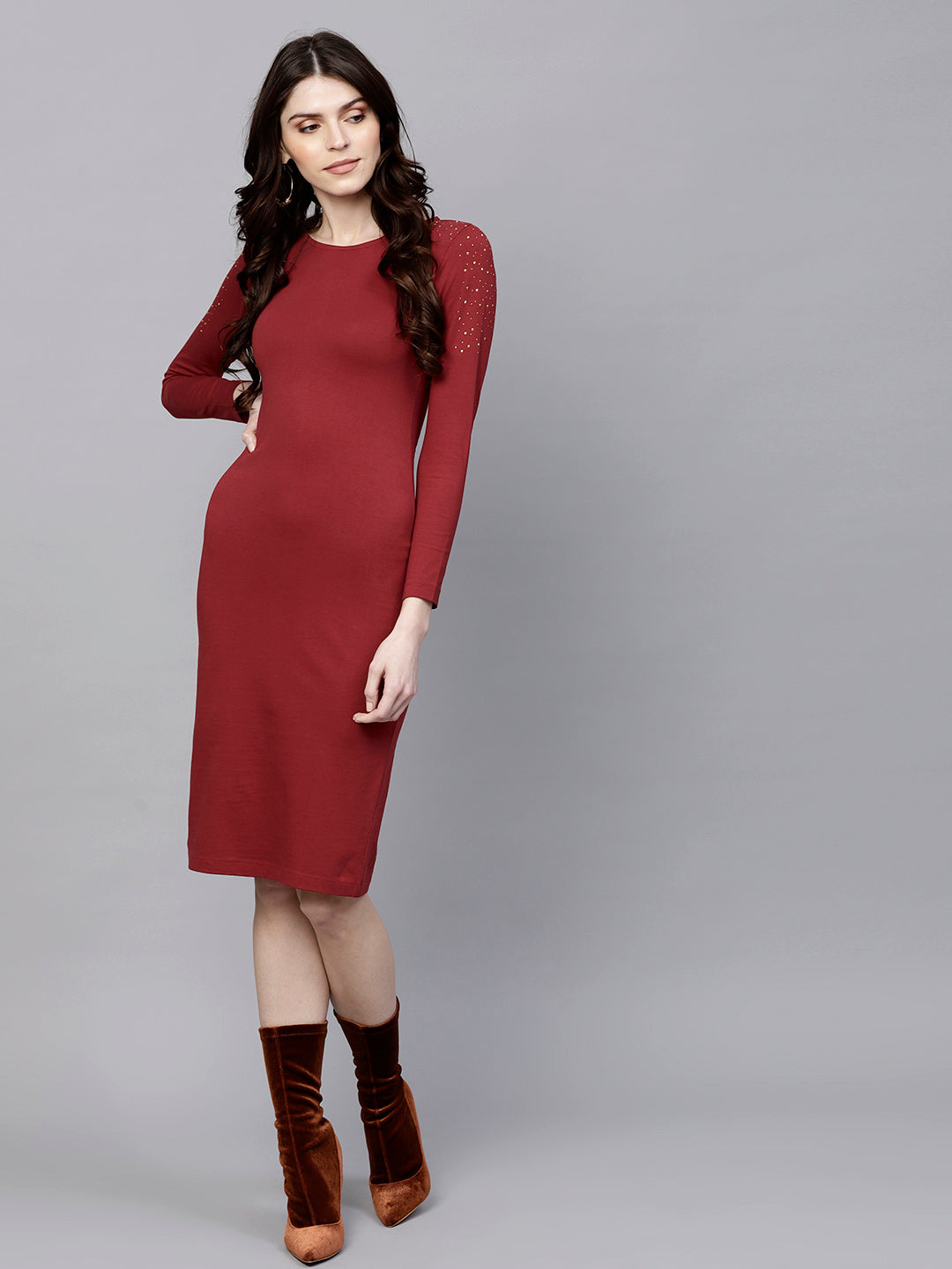 Maroon Bodycon Studded Dress