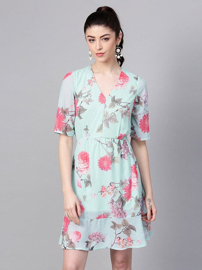 Women Floral Frill Hem Skater Dress