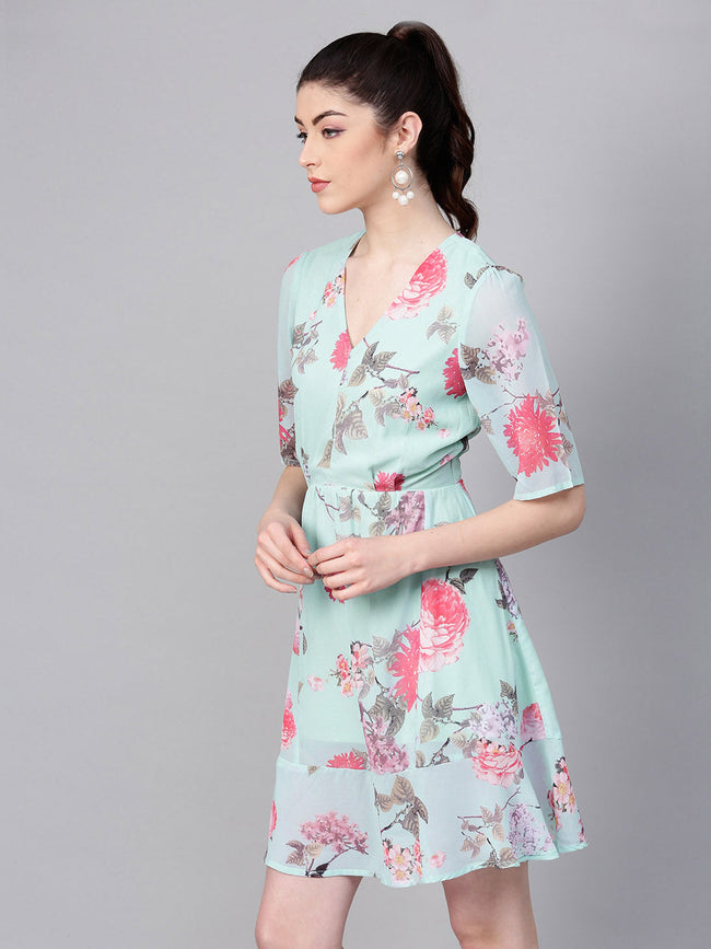 Women Floral Frill Hem Skater Dress