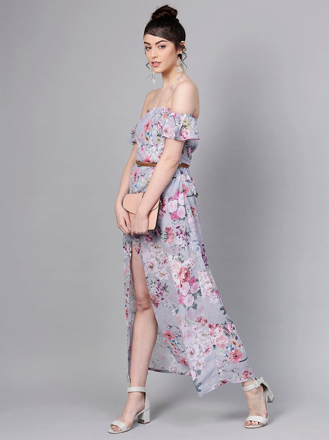 Women Grey Floral Off Shoulder Belted Maxi