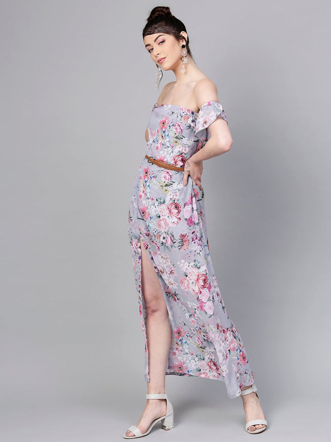 Women Grey Floral Off Shoulder Belted Maxi