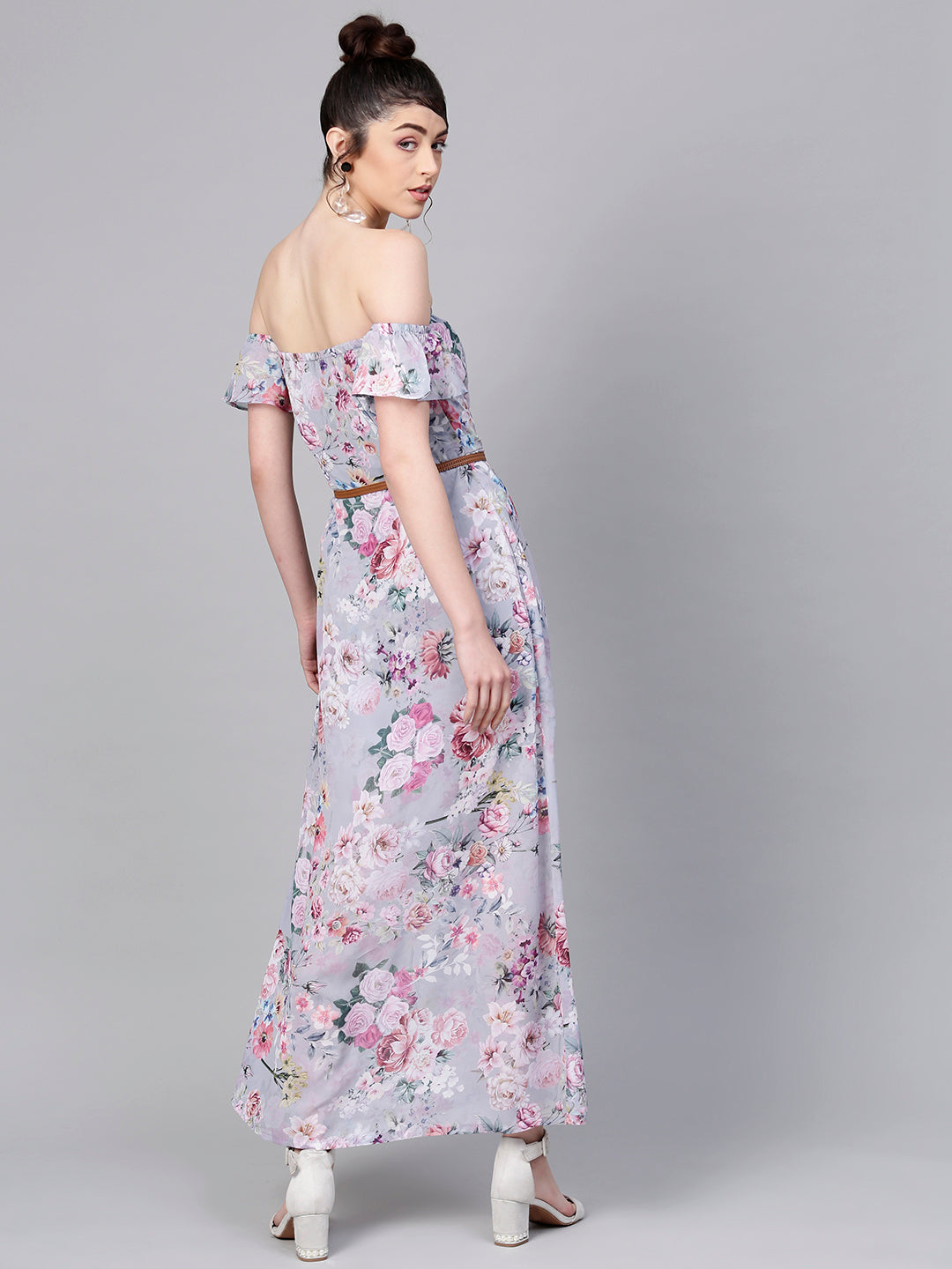 Women Grey Floral Off Shoulder Belted Maxi