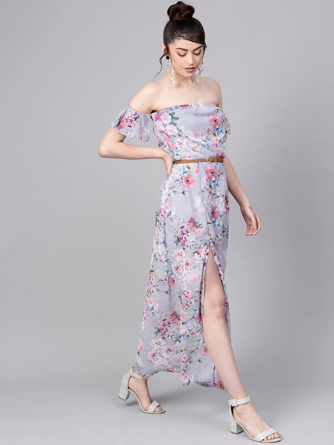 Women Grey Floral Off Shoulder Belted Maxi