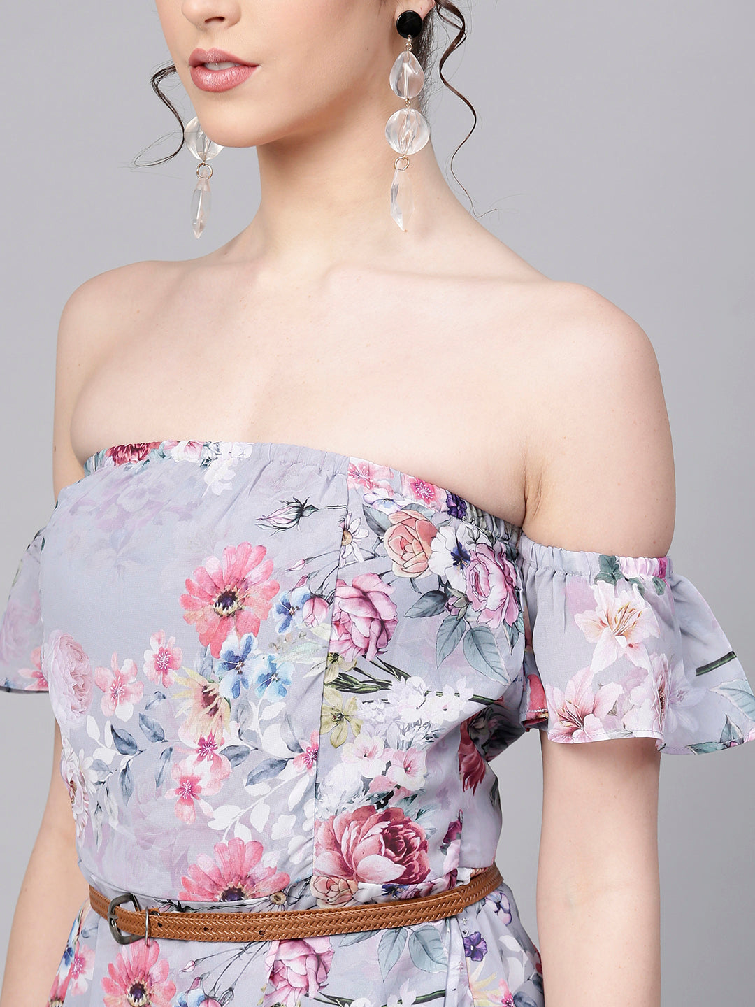 Women Grey Floral Off Shoulder Belted Maxi