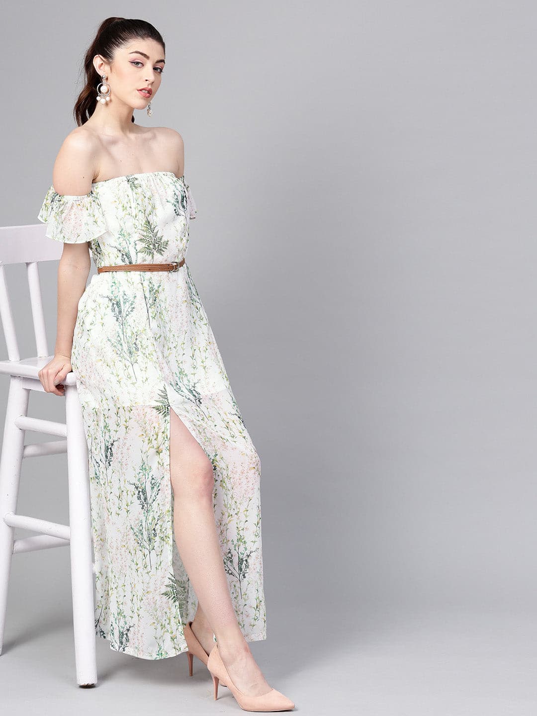 Women Off-White Floral Off Shoulder Belted Maxi