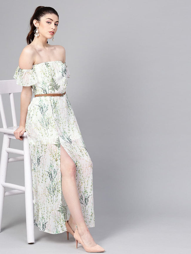 Women Off-White Floral Off Shoulder Belted Maxi