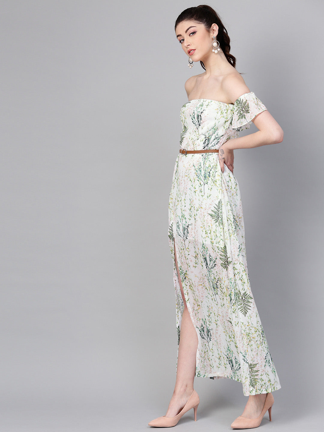 Women Off-White Floral Off Shoulder Belted Maxi