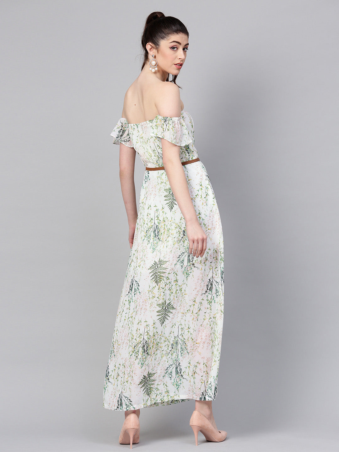 Women Off-White Floral Off Shoulder Belted Maxi