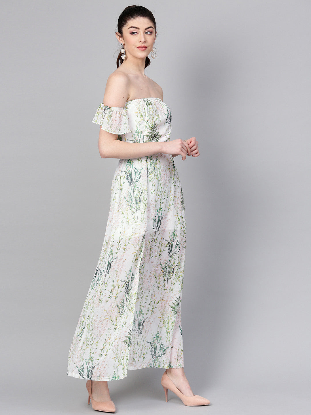 Women Off-White Floral Off Shoulder Belted Maxi