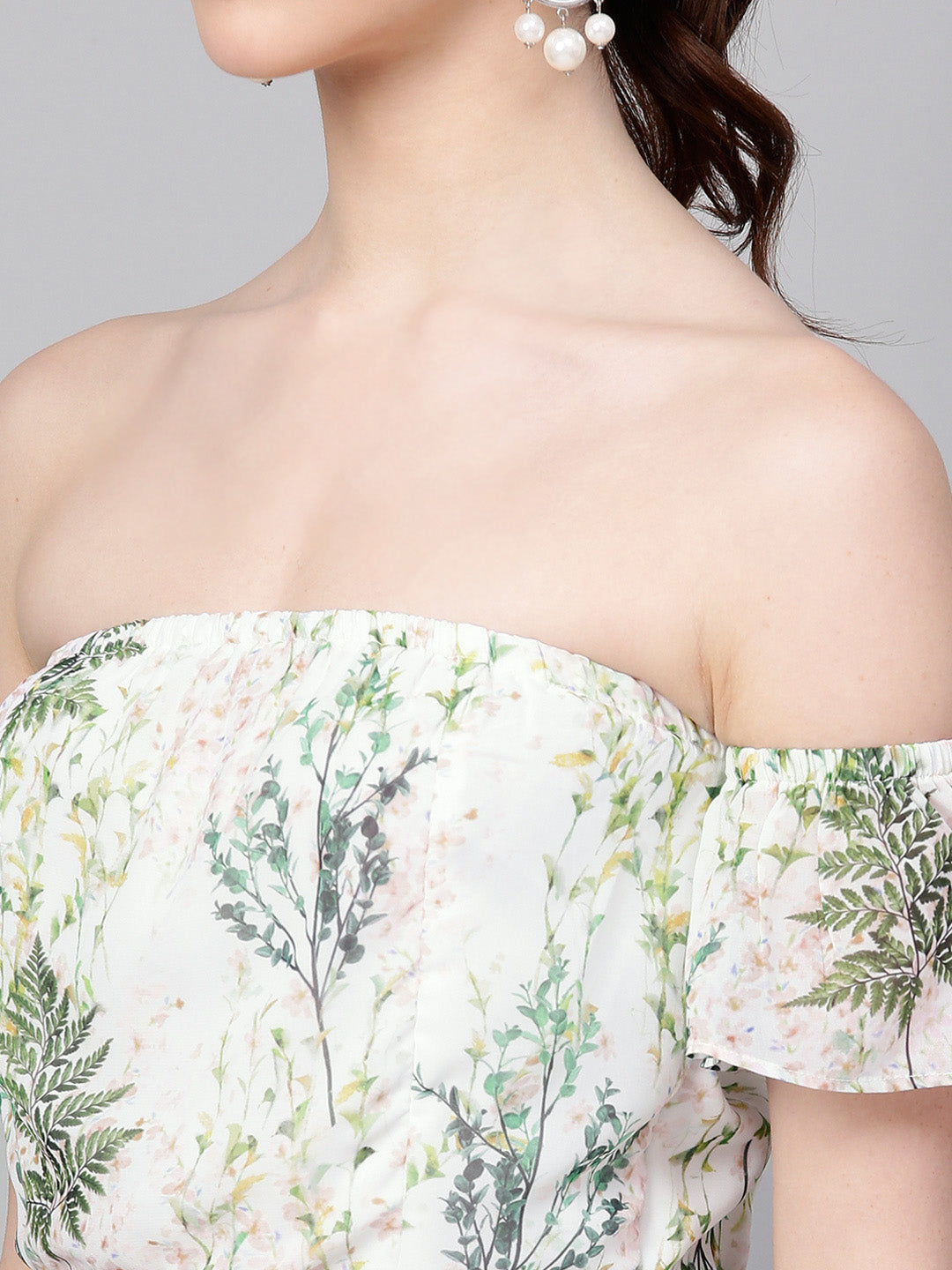 Women Off-White Floral Off Shoulder Belted Maxi