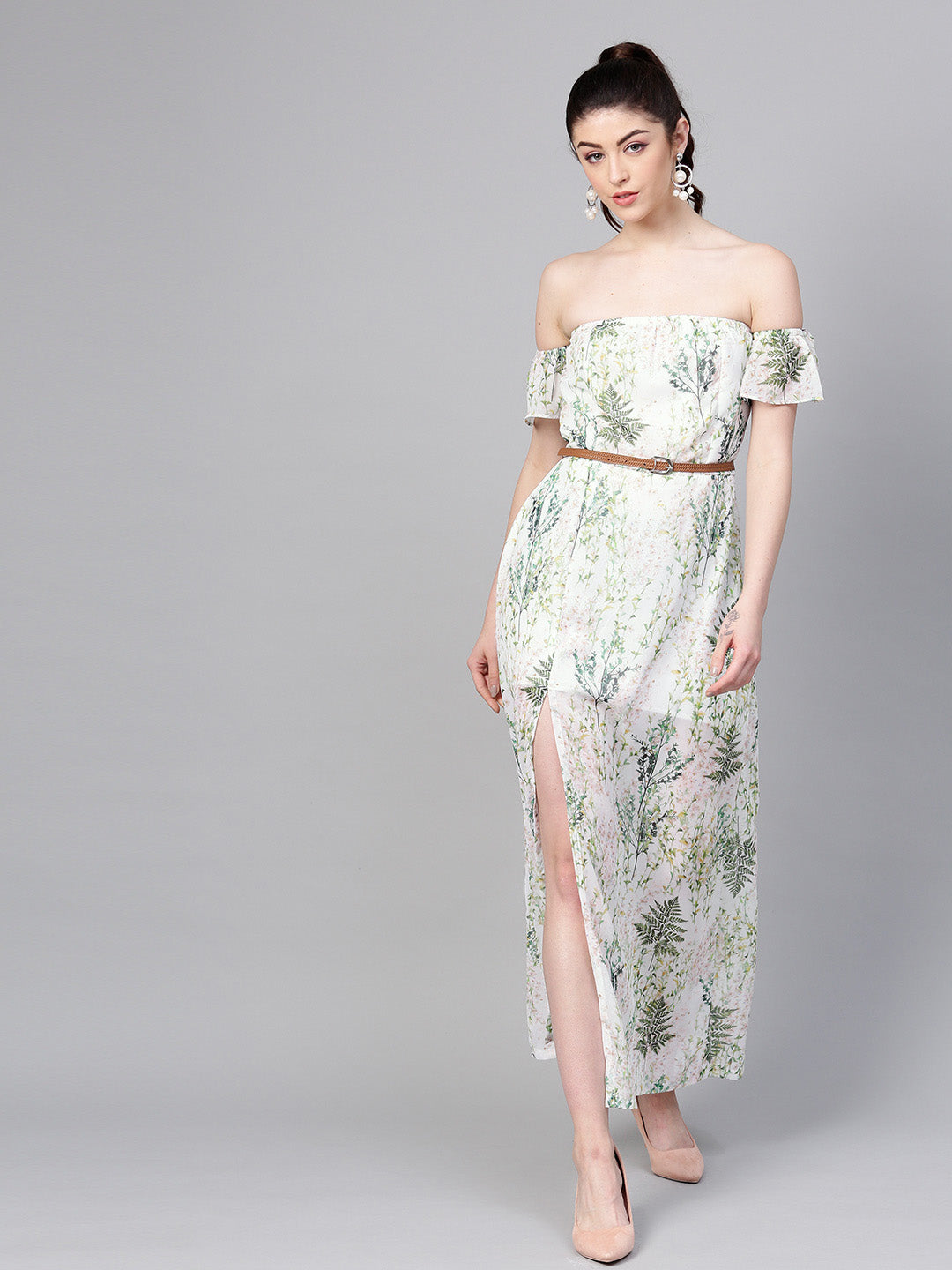 Women Off-White Floral Off Shoulder Belted Maxi