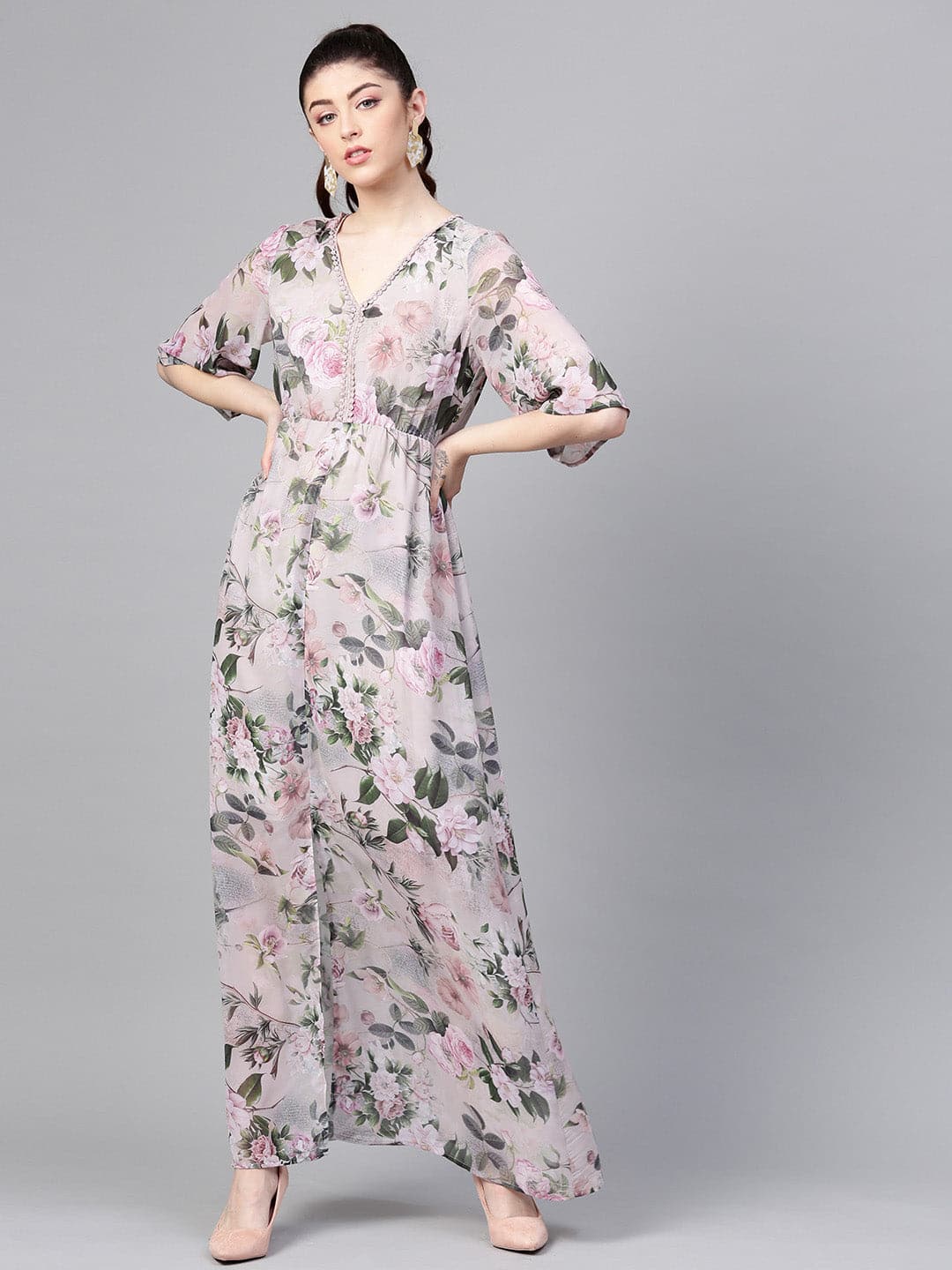 Women Pista Green Floral V-Neck Maxi