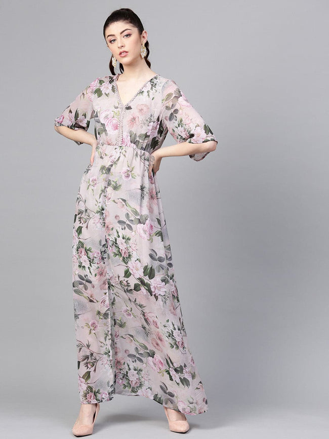 Women Pista Green Floral V-Neck Maxi
